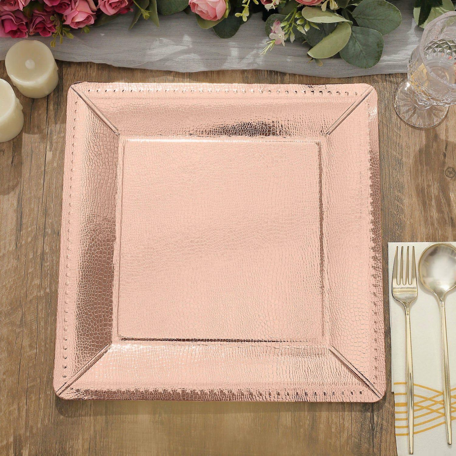 Disposable Chargers | 10 Pack Rose Gold Textured Disposable Square Serving Trays, Leather Like Cardboard Charger Plates 1100 GSM 13″ Chargers Disposable Chargers