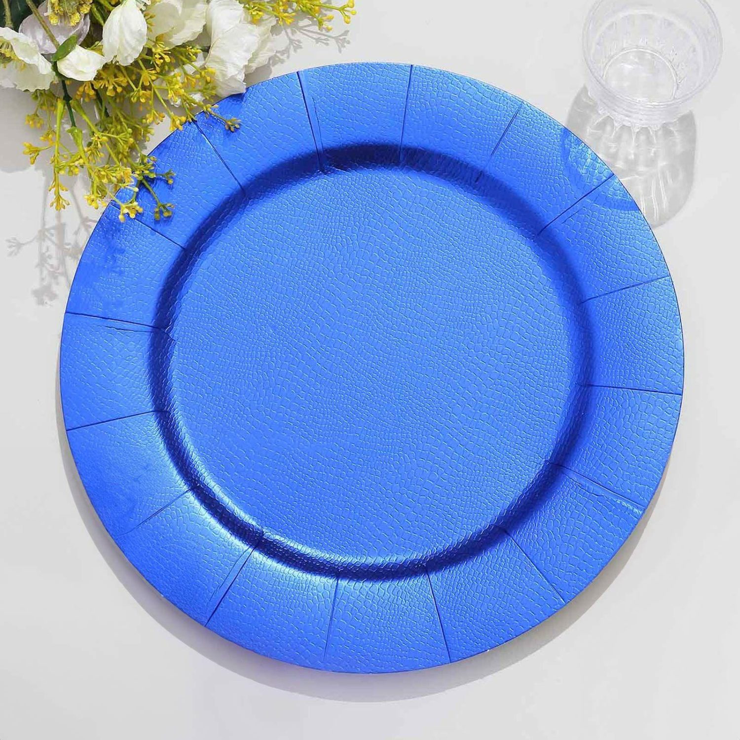 Disposable Chargers | 10 Pack Royal Blue Leather Textured Disposable Charger Plates, Round Cardboard Serving Trays 1100 GSM 13″ Chargers Disposable Chargers