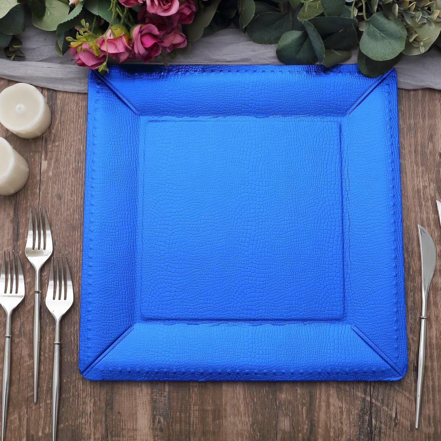 Disposable Chargers | 10 Pack Royal Blue Textured Disposable Square Serving Trays, Leather Like Cardboard Charger Plates 1100 GSM 13″ Chargers Disposable Chargers