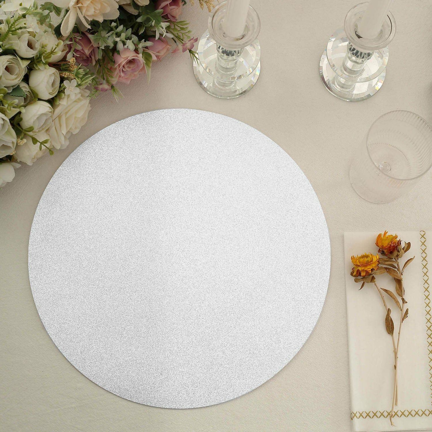 Disposable Chargers | 20 Pack Silver Glitter Round Paper Table Placemats, Disposable Dining Table Mats 210 GSM 13″ Chargers Disposable Chargers