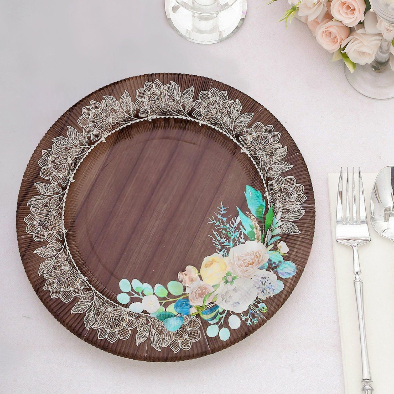 Disposable Chargers | 25 Pack Brown Rustic Wood Print Paper Charger Plates With Floral Lace Rim, Round Disposable Serving Plates 13″ Chargers Brown w/ White Floral Lace