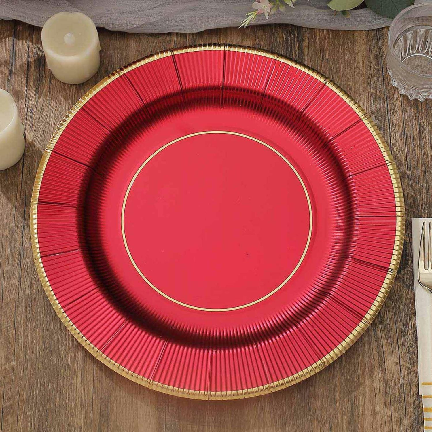 Disposable Chargers | 25 Pack Burgundy Sunray Disposable Serving Plates, Heavy Duty Paper Charger Plates 350 GSM 13″ Chargers Burgundy/Gold