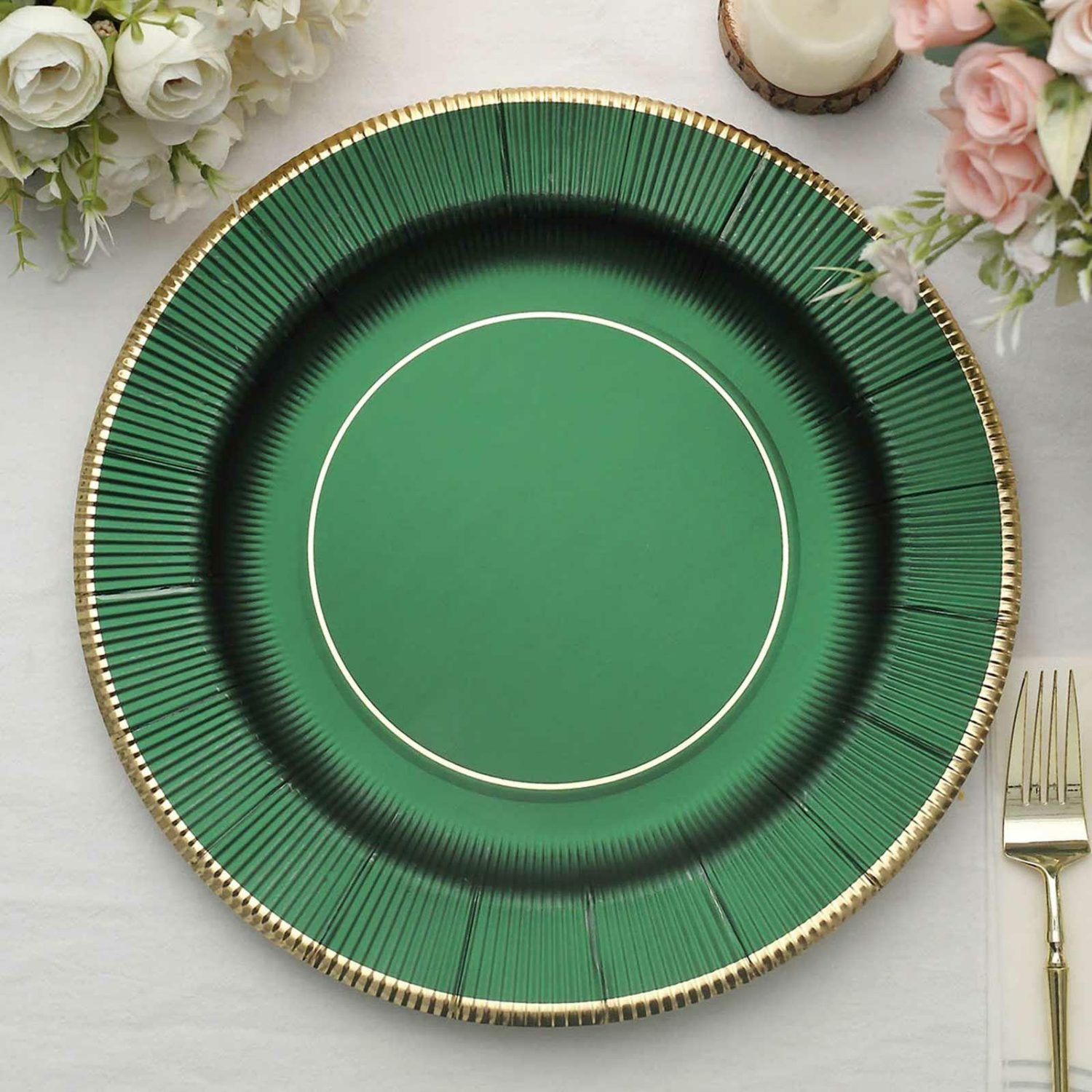 Disposable Chargers | 25 Pack Hunter Emerald Green Sunray Disposable Serving Plates, Heavy Duty Paper Charger Plates With Gold Rim 350 GSM 13″ Chargers Disposable Chargers