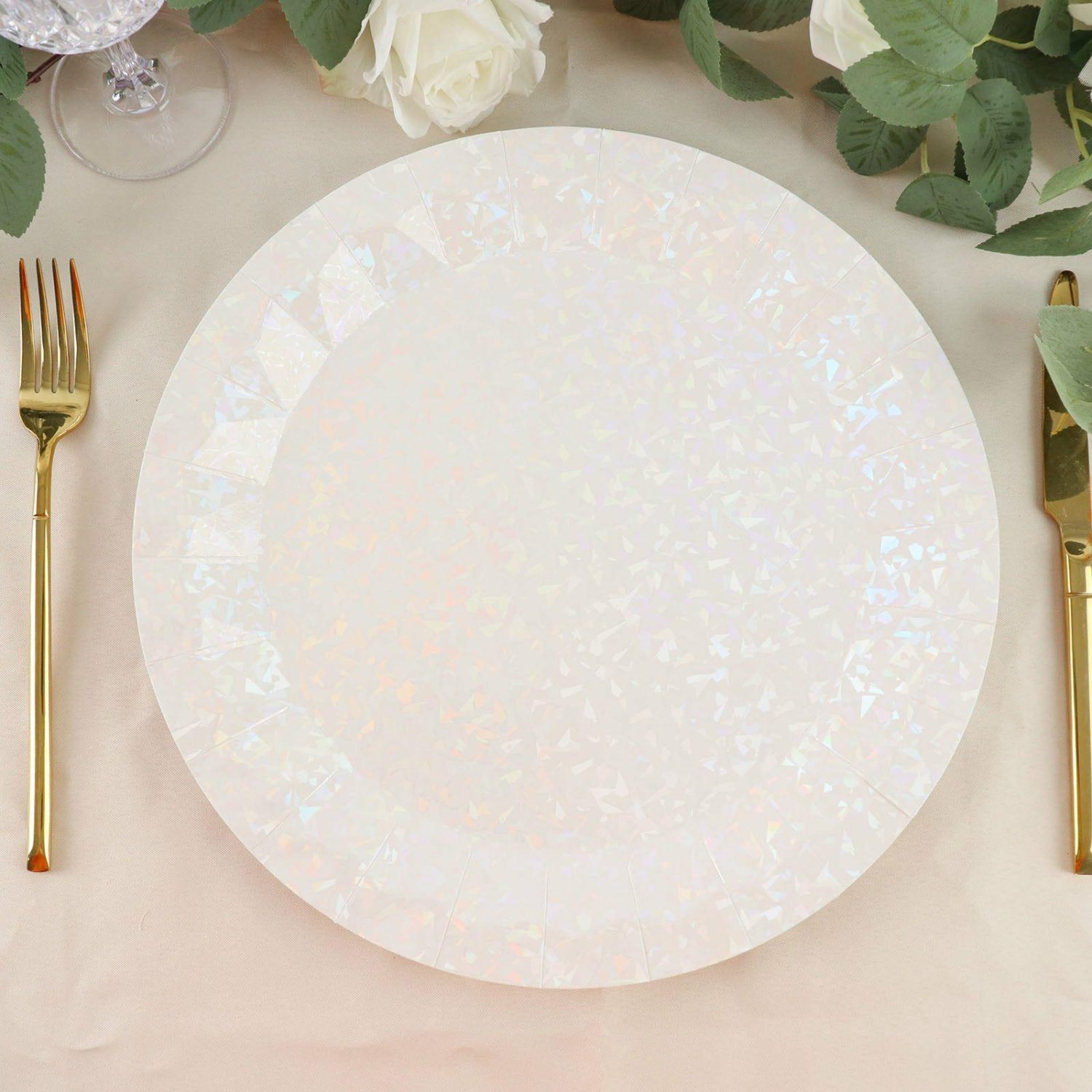 Disposable Chargers | 25 Pack Iridescent Geometric Foil Paper Charger Plates, Disposable Serving Trays 400 GSM 12″ Round Chargers Disposable Chargers