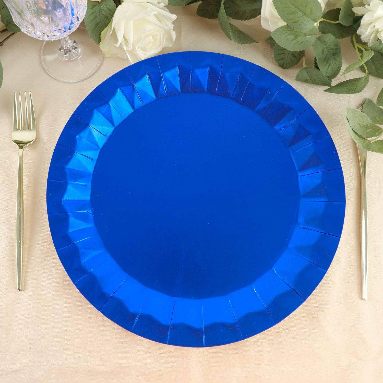 Disposable Chargers | 25 Pack Royal Blue Geometric Foil Paper Charger Plates, Disposable Serving Trays 400 GSM 12″ Round Chargers Disposable Chargers