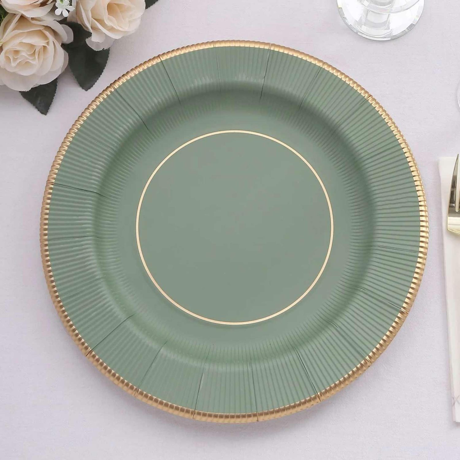 Disposable Chargers | 25 Pack Sage Green Sunray Disposable Serving Plates with Gold Rim, 13″ Round Heavy Duty Paper Charger Plates – 350 GSM Chargers Disposable Chargers