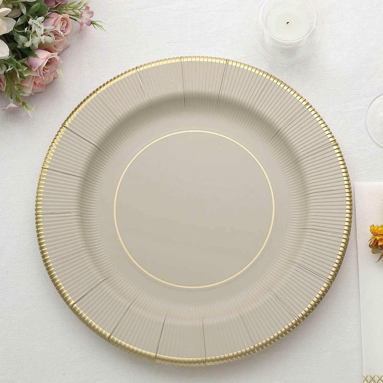 Disposable Chargers | 25 Pack Taupe Gold Rim Sunray Heavy Duty Paper Serving Plates, Disposable Charger Plates 350 GSM 13″ Chargers Disposable Chargers