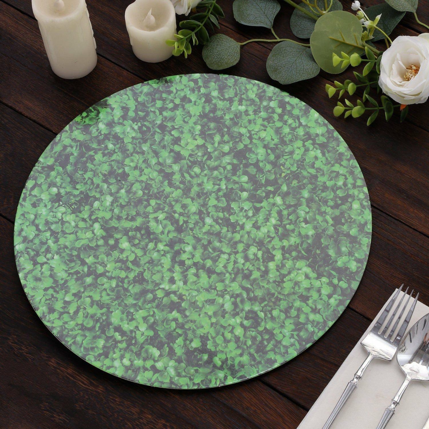 Disposable Chargers | 6 Pack Green Boxwood Leaf Print Cardstock Paper Placemats, 13″ Round Disposable Dining Table Mats – 700 GSM Chargers Disposable Chargers