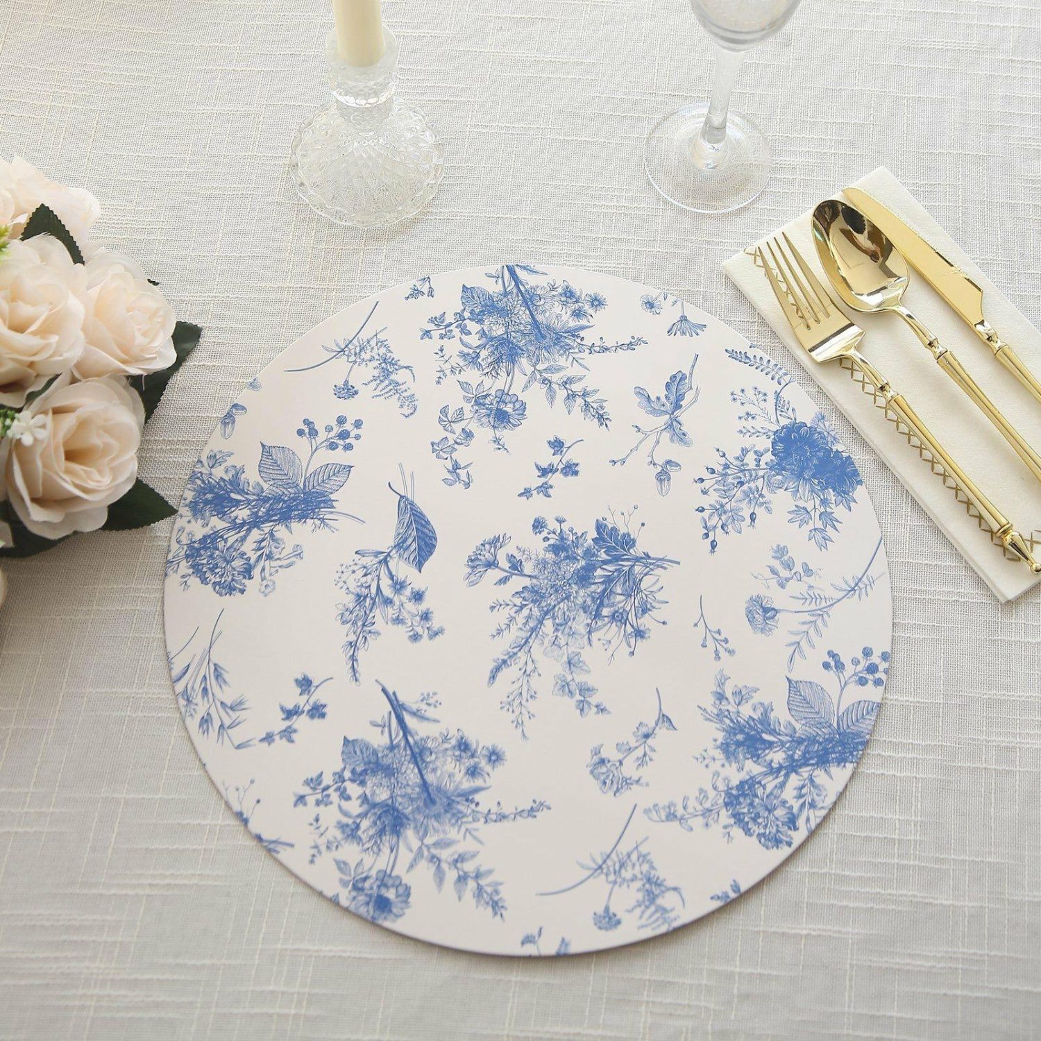 Disposable Chargers | 6 Pack White Blue Cardboard Paper Placemats with Chinoiserie Floral Print, 13″ Round Disposable Charger Plates – 700 GSM Chargers Chinoiserie Floral Print