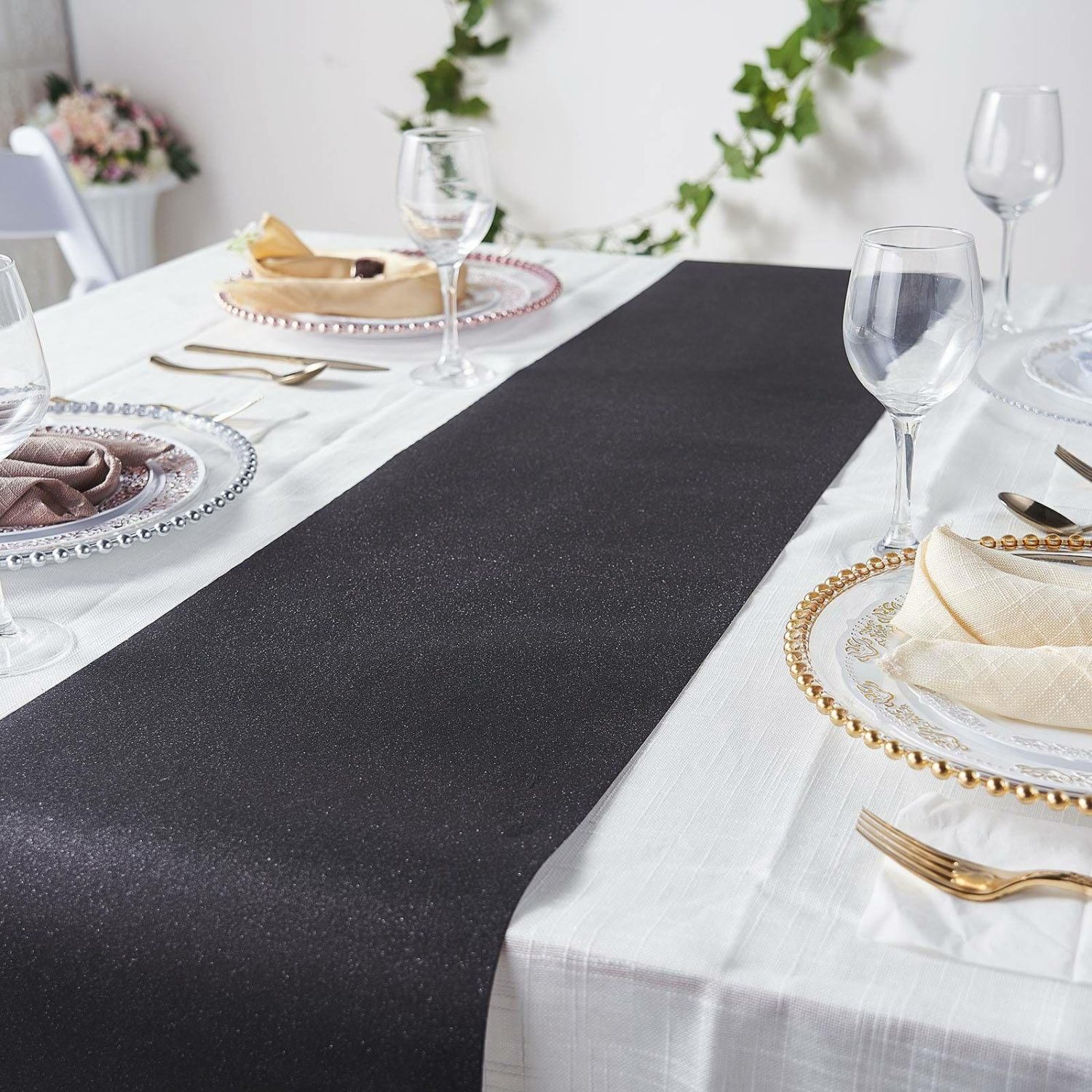 Disposable Runners | Black Glitzing Glitter Table Runner, Disposable Paper Table Runner 9ft Disposable Runners Black