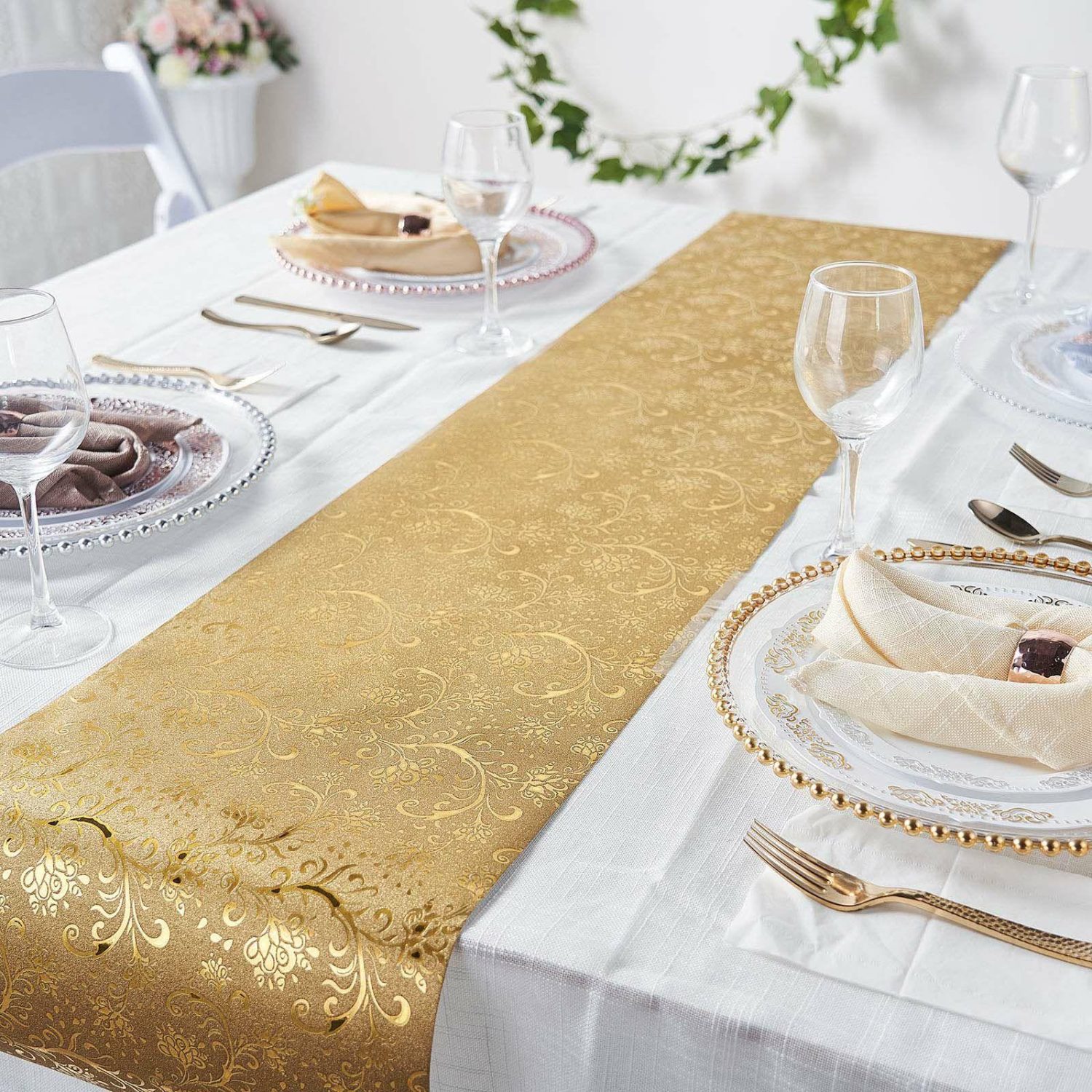 Disposable Runners | Gold Glamorous Vintage Floral Table Runner, Disposable Paper Table Runner 9ft Disposable Runners Disposable Runners