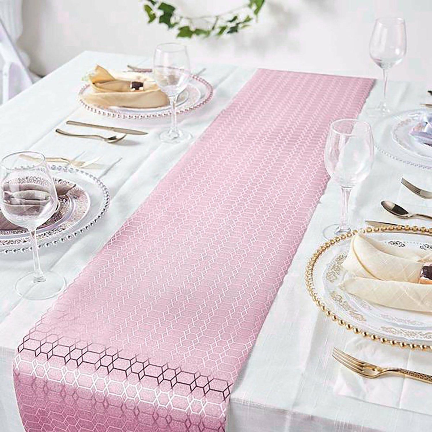 Disposable Runners | Rose Gold Glamorous Honeycomb Print Table Runner, Disposable Paper Table Runner – Geometric Hexagon Design 9ft Disposable Runners Disposable Runners