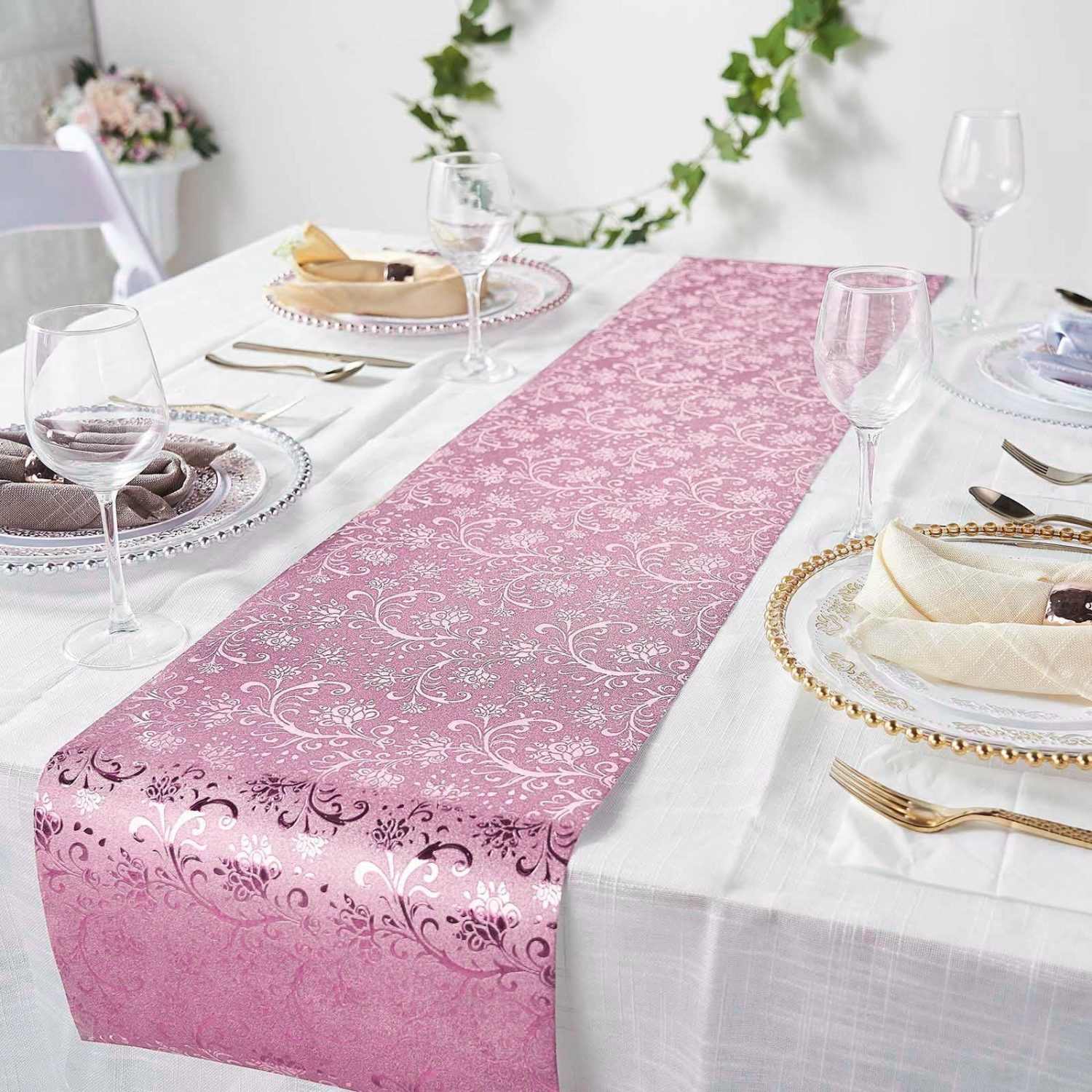 Disposable Runners | Rose Gold Glamorous Vintage Floral Table Runner, Disposable Paper Table Runner 9ft Disposable Runners Disposable Runners