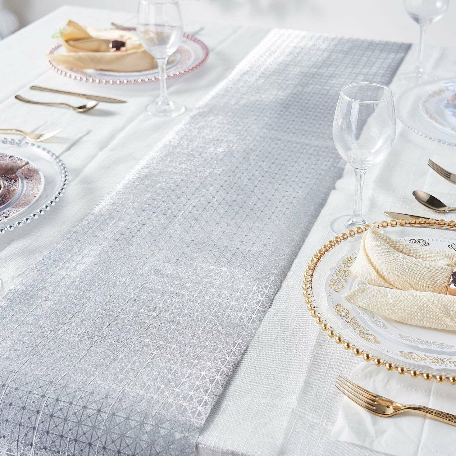 Disposable Runners | Silver Glamorous Geometric Print Table Runner, Disposable Paper Table Runner 9ft Disposable Runners Disposable Runners