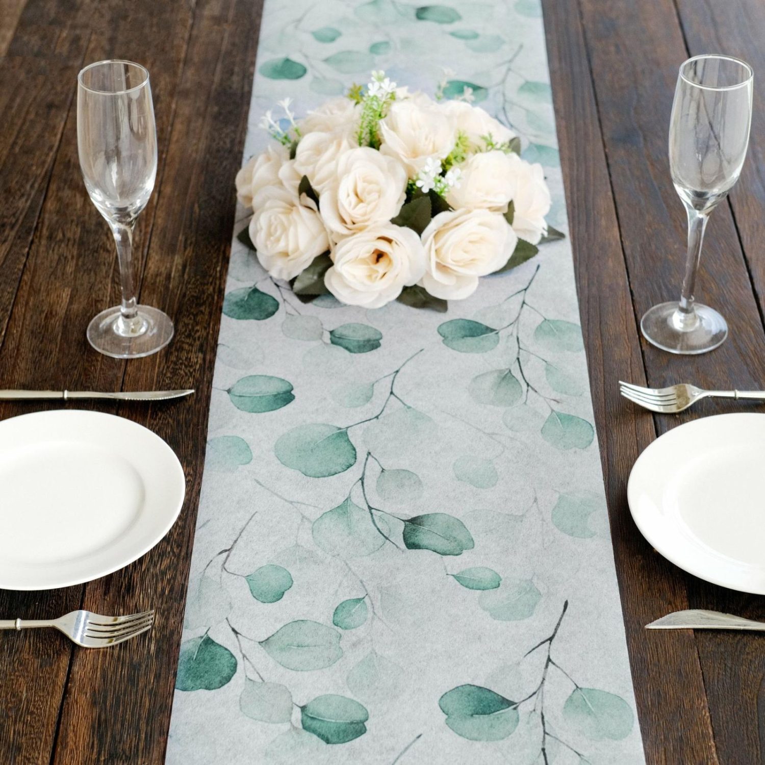 Disposable Runners | White Green Non-Woven Eucalyptus Leaf Print Table Runner, Spring Summer Kitchen Dining Table Decoration – 11″x108″ Disposable Runners Disposable Runners