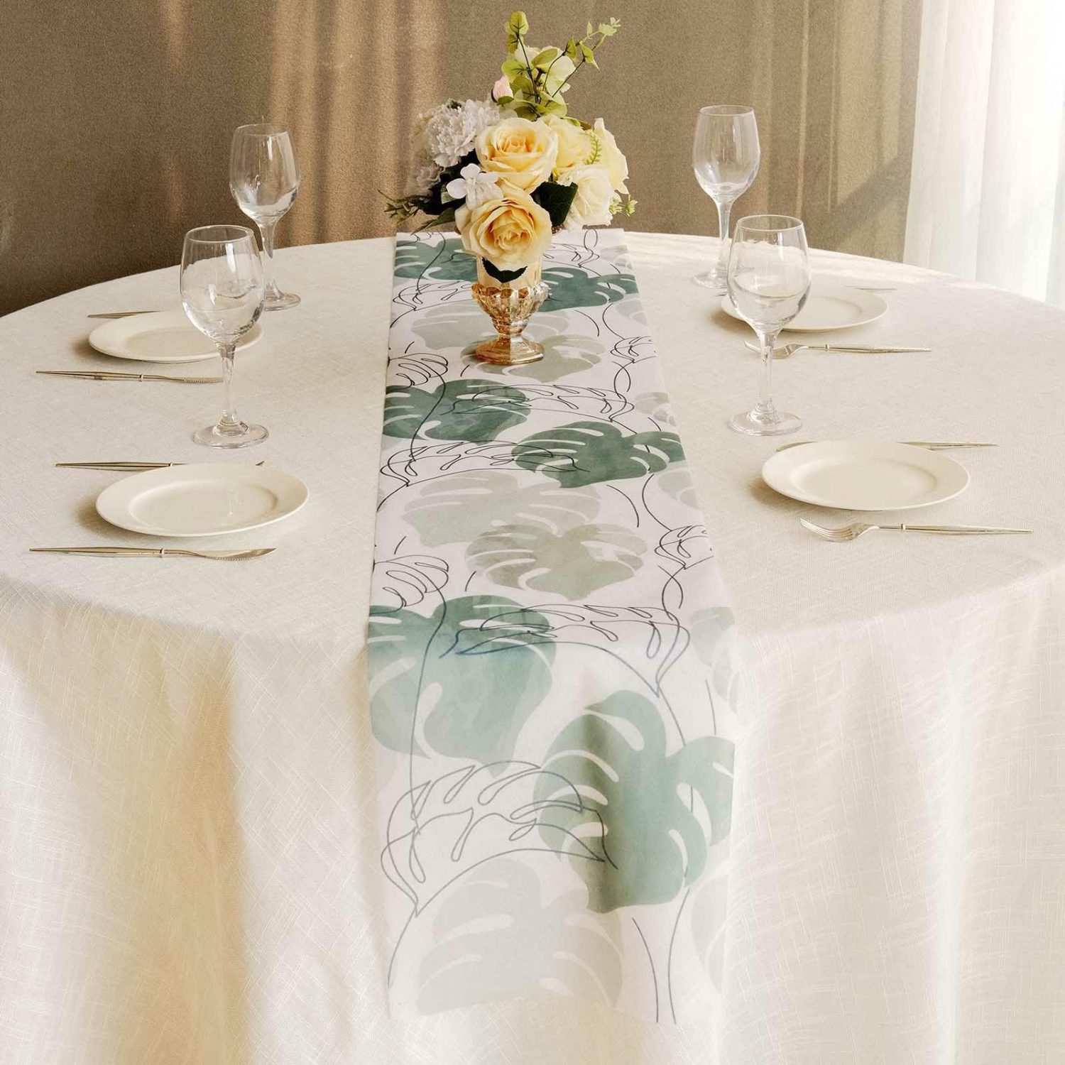 Disposable Runners | White Green Non-Woven Monstera Palm Leaf Print Table Runner, Spring Summer Kitchen Dining Table Decoration – 11″x108″ Disposable Table Cover Disposable Runners