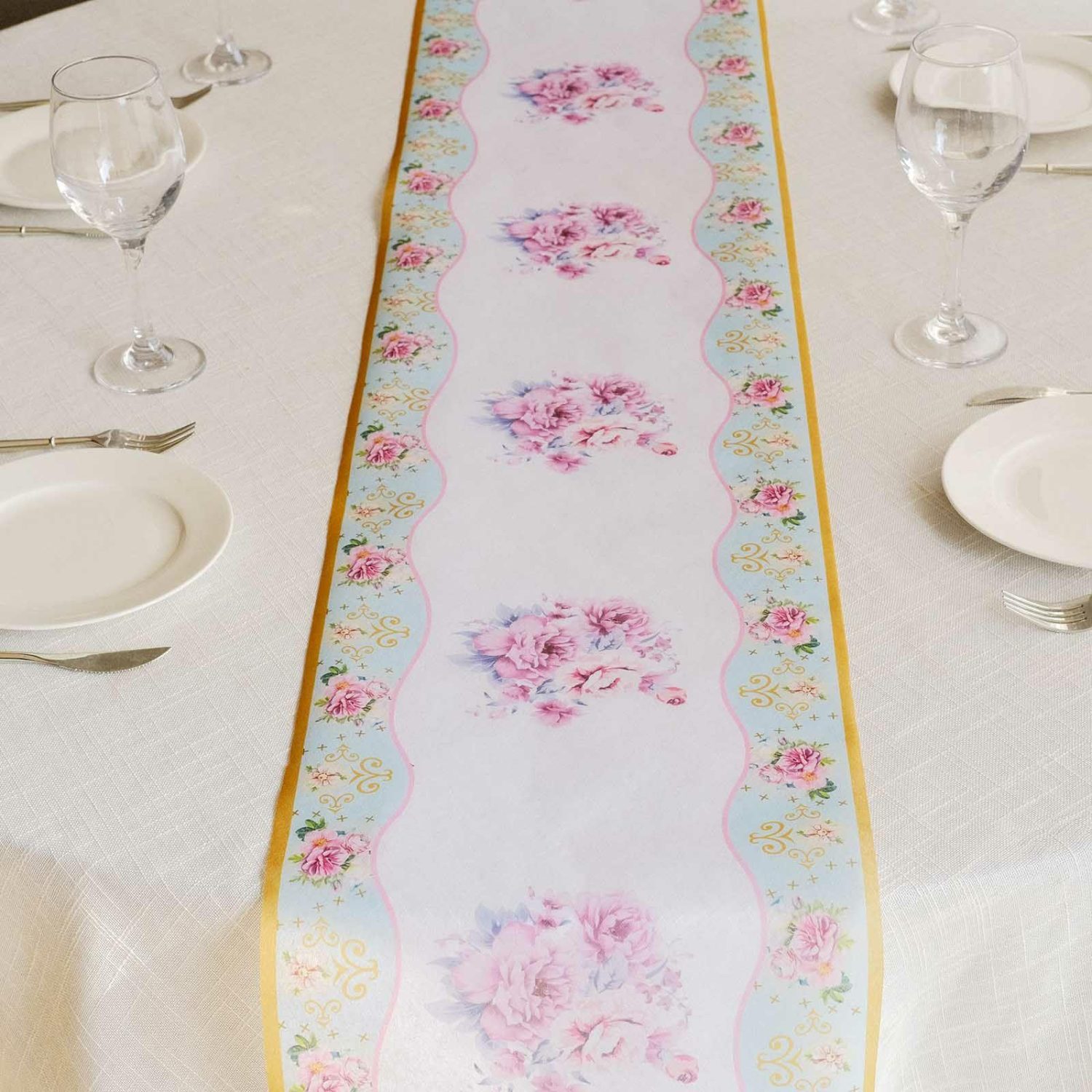 Disposable Runners | White Pink Non-Woven Peony Floral Print Table Runner with Gold Edges, Spring Summer Kitchen Dining Table Decoration – 11″x108″ Disposable Runners Disposable Runners