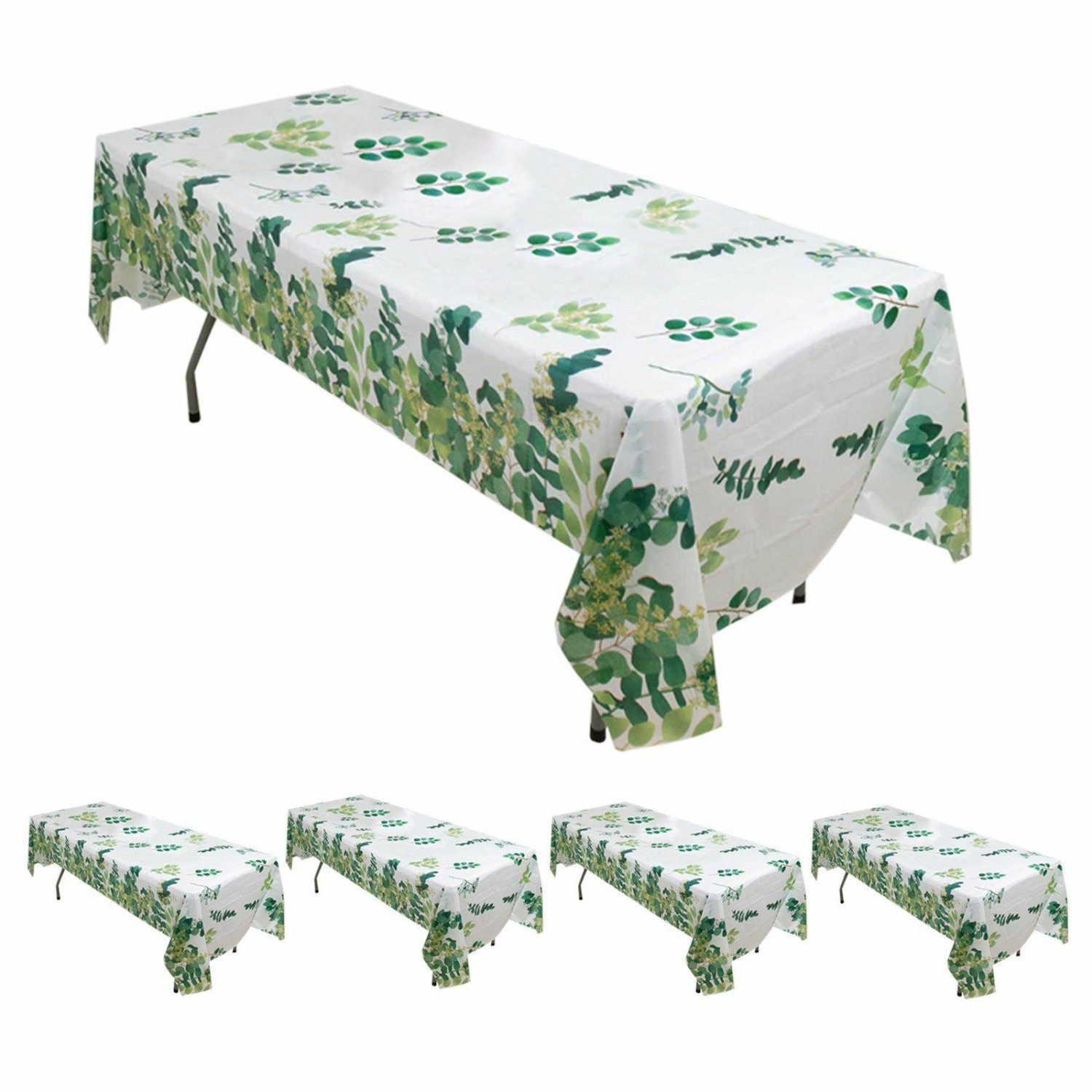 Disposable Tablecloth | 5 Pack White Green Rectangle Plastic Table Covers with Eucalyptus Leaves Print, 54″x108″ PVC Waterproof Disposable Tablecloths Disposable Table Cover Disposable Tablecloth