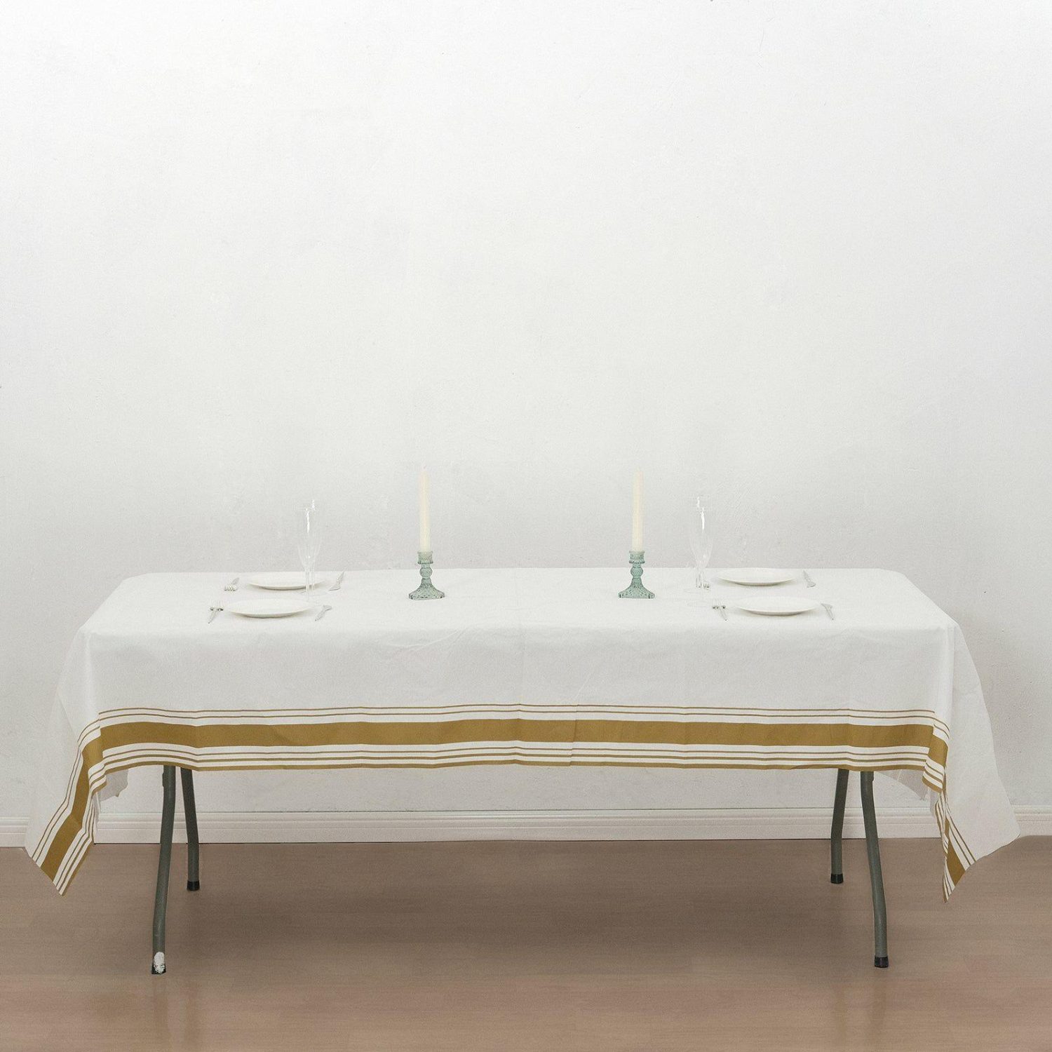 Disposable Tablecloth | White Airlaid Paper Rectangular Tablecloth with Gold Striped Border, Soft Linen-feel Disposable Table Cover – 50″x108″ Disposable Table Cover Disposable Tablecloth