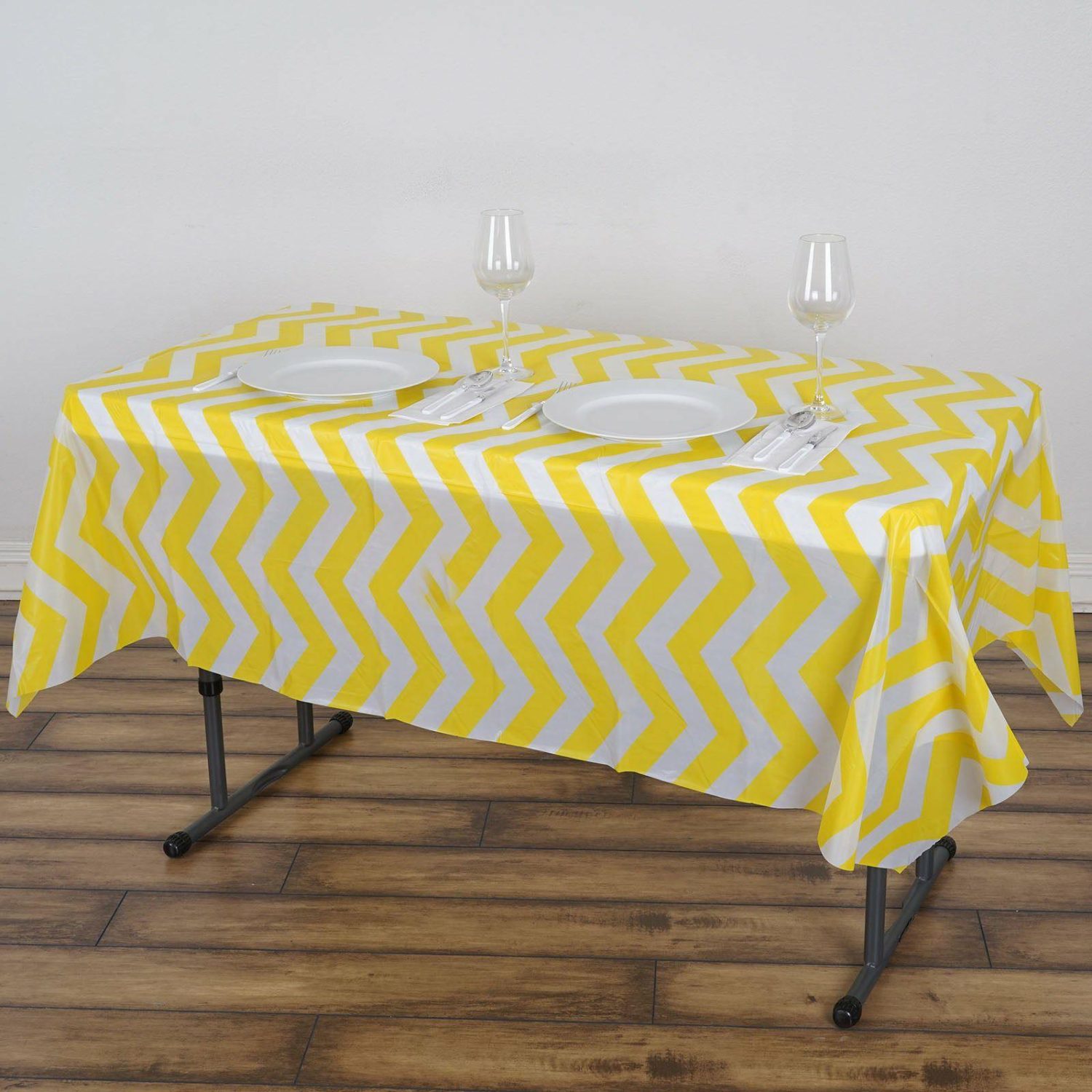 Disposable Tablecloth | Yellow Chevron Rectangle Plastic Table Cover, 54″x72″ PVC Waterproof Disposable Tablecloth Disposable Table Cover Disposable Tablecloth