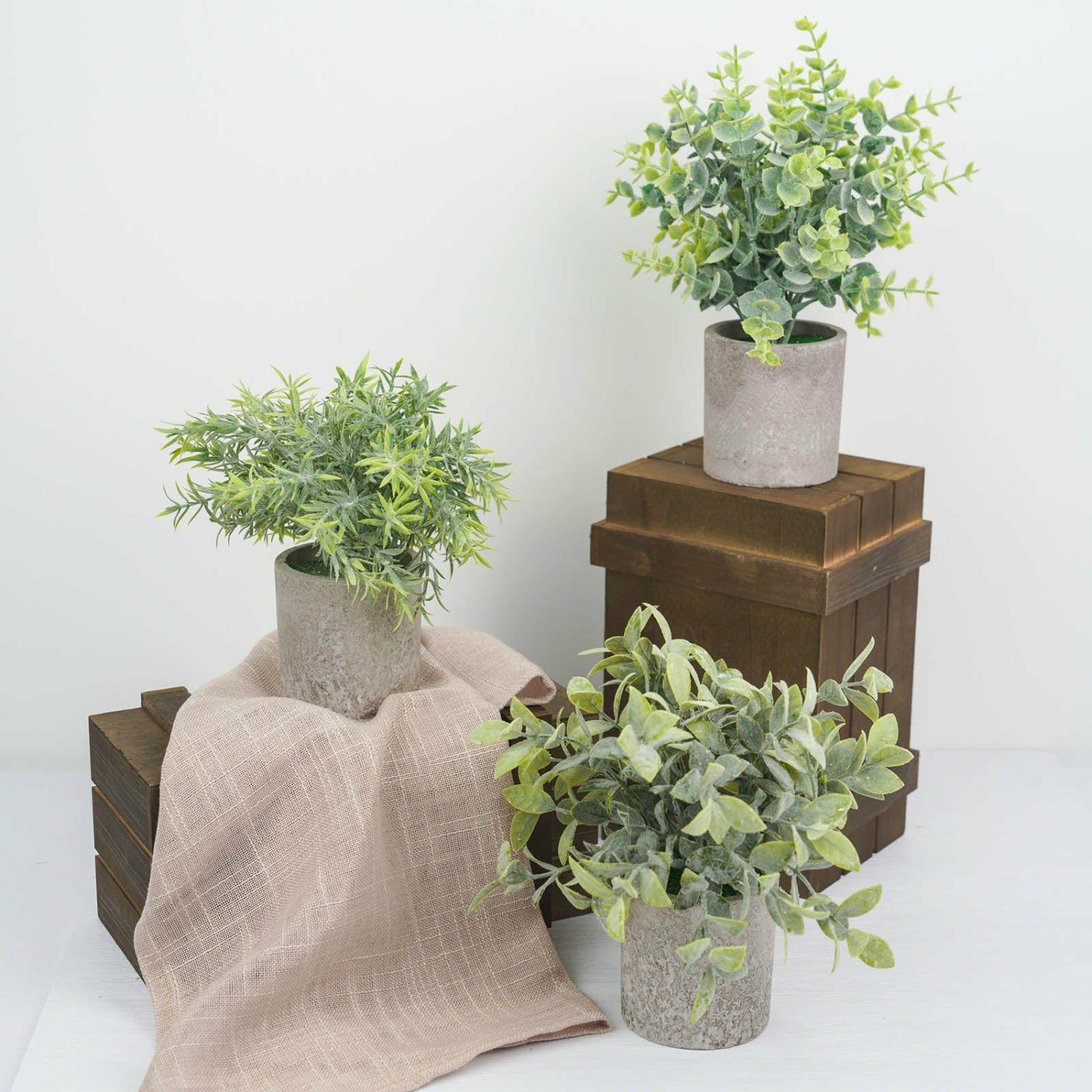 Eucalyptus & Boxwood | 3 Plant Set Mini Potted Artificial Eucalyptus, Rosemary and Boxwood Faux Planter Collection 9″ Artificial Plants Eucalyptus & Boxwood