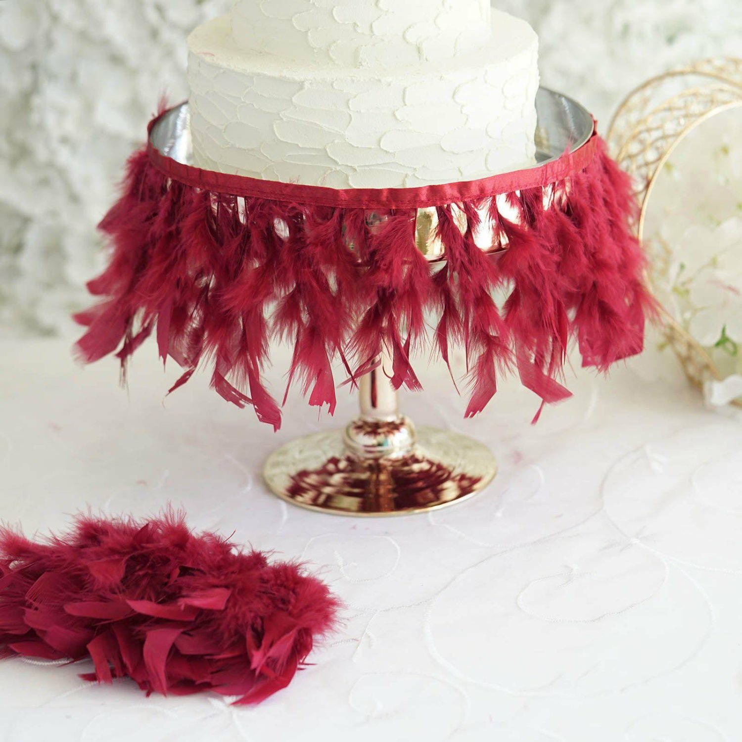 Feathers  | Burgundy Real Turkey Feather Fringe Trim With Satin Ribbon Tape 39″ Feathers Burgundy