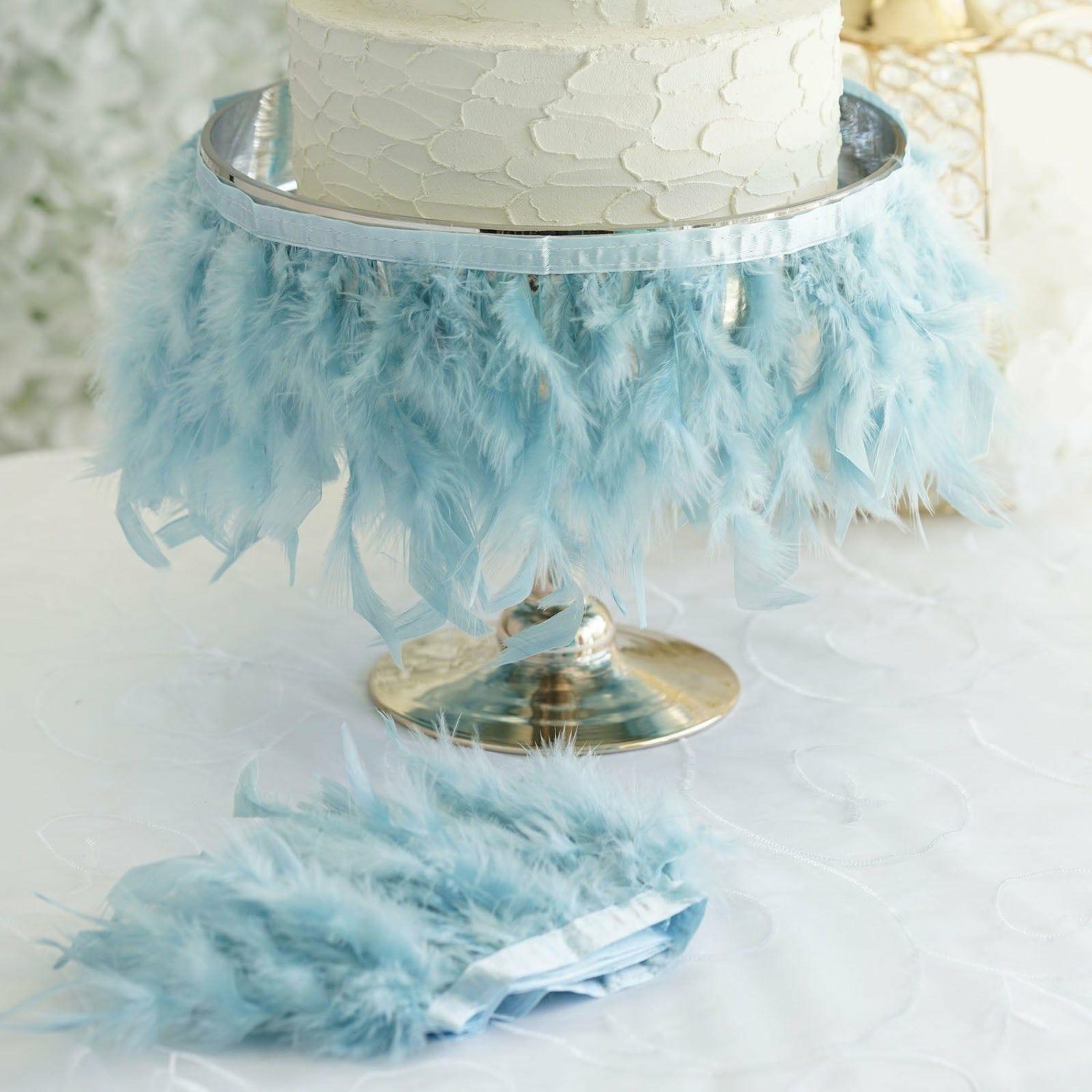 Feathers  | Dusty Blue Real Turkey Feather Fringe Trim With Satin Ribbon Tape 39″ Feathers Dusty blue