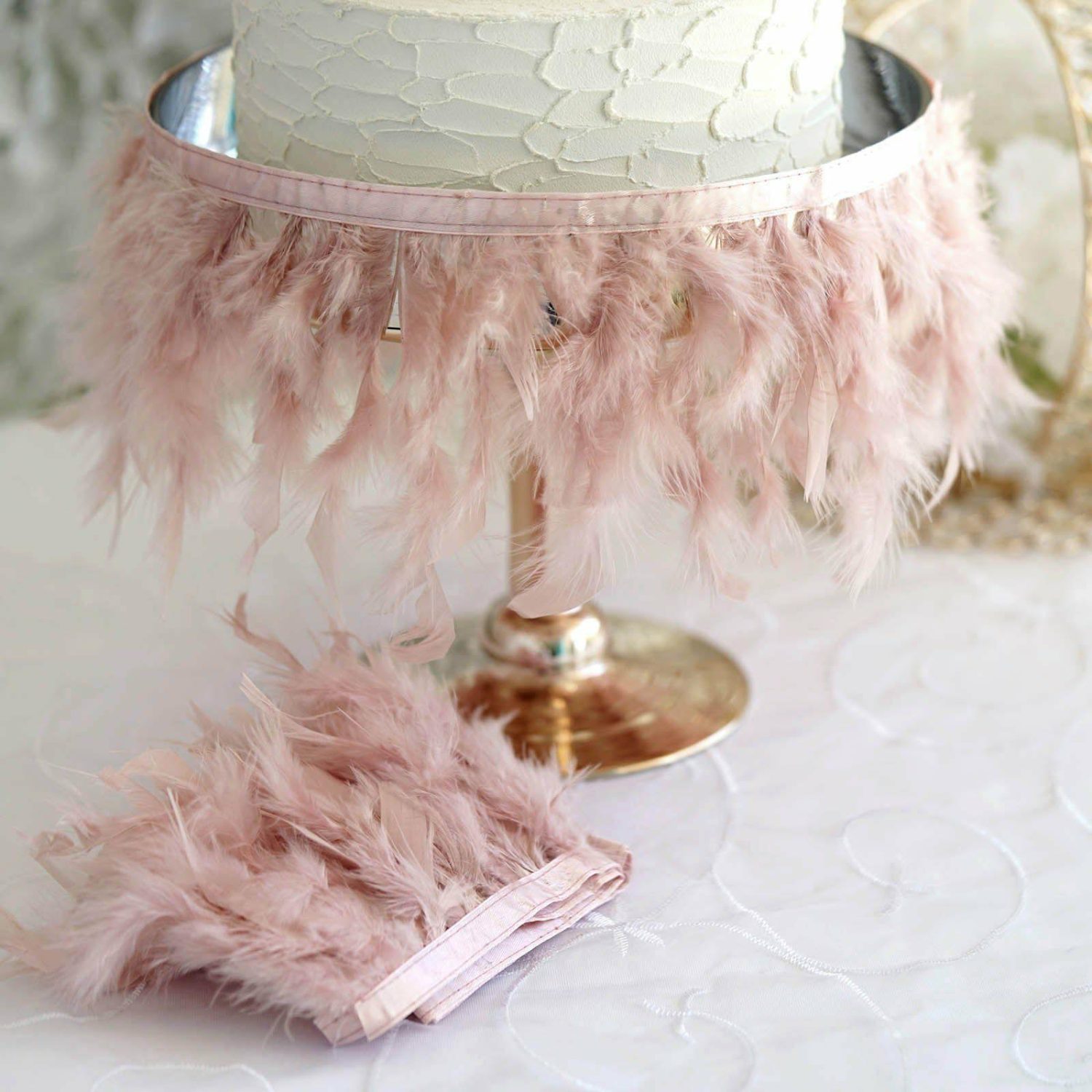 Feathers  | Dusty Rose Real Turkey Feather Fringe Trim With Satin Ribbon Tape 39″ Feathers Dusty rose