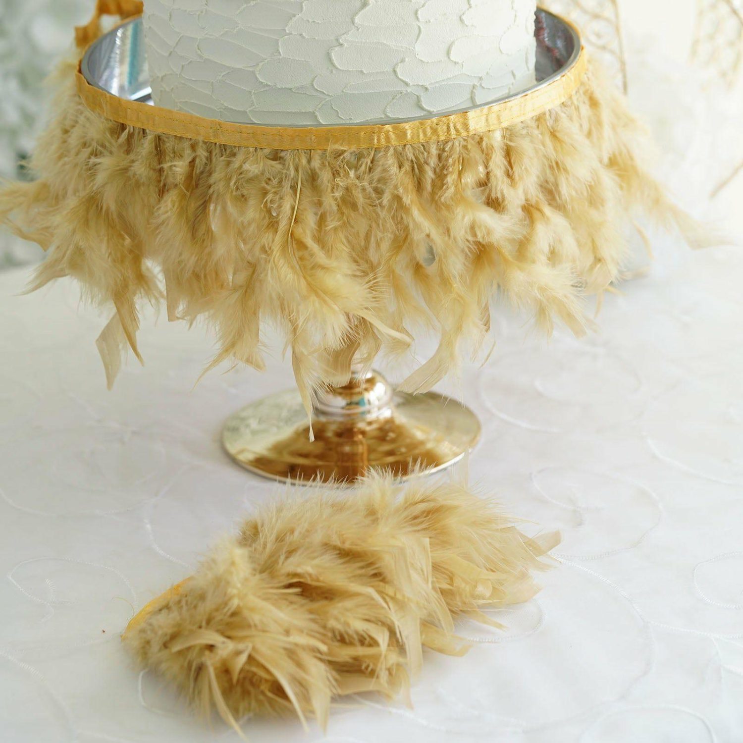 Feathers  | Gold Real Turkey Feather Fringe Trim With Satin Ribbon Tape 39″ Feathers Feathers