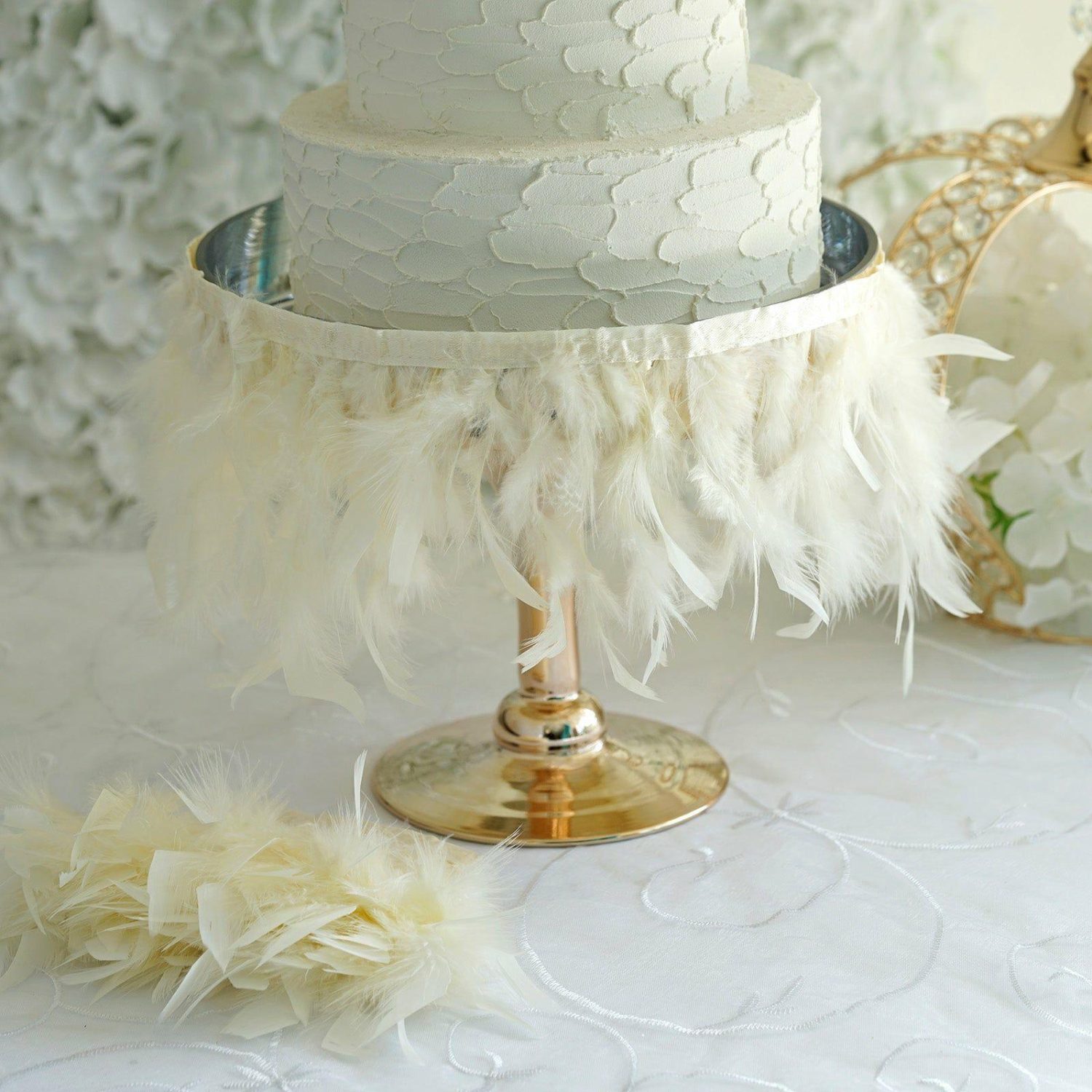 Feathers  | Ivory Real Turkey Feather Fringe Trim With Satin Ribbon Tape 39″ Feathers Feathers