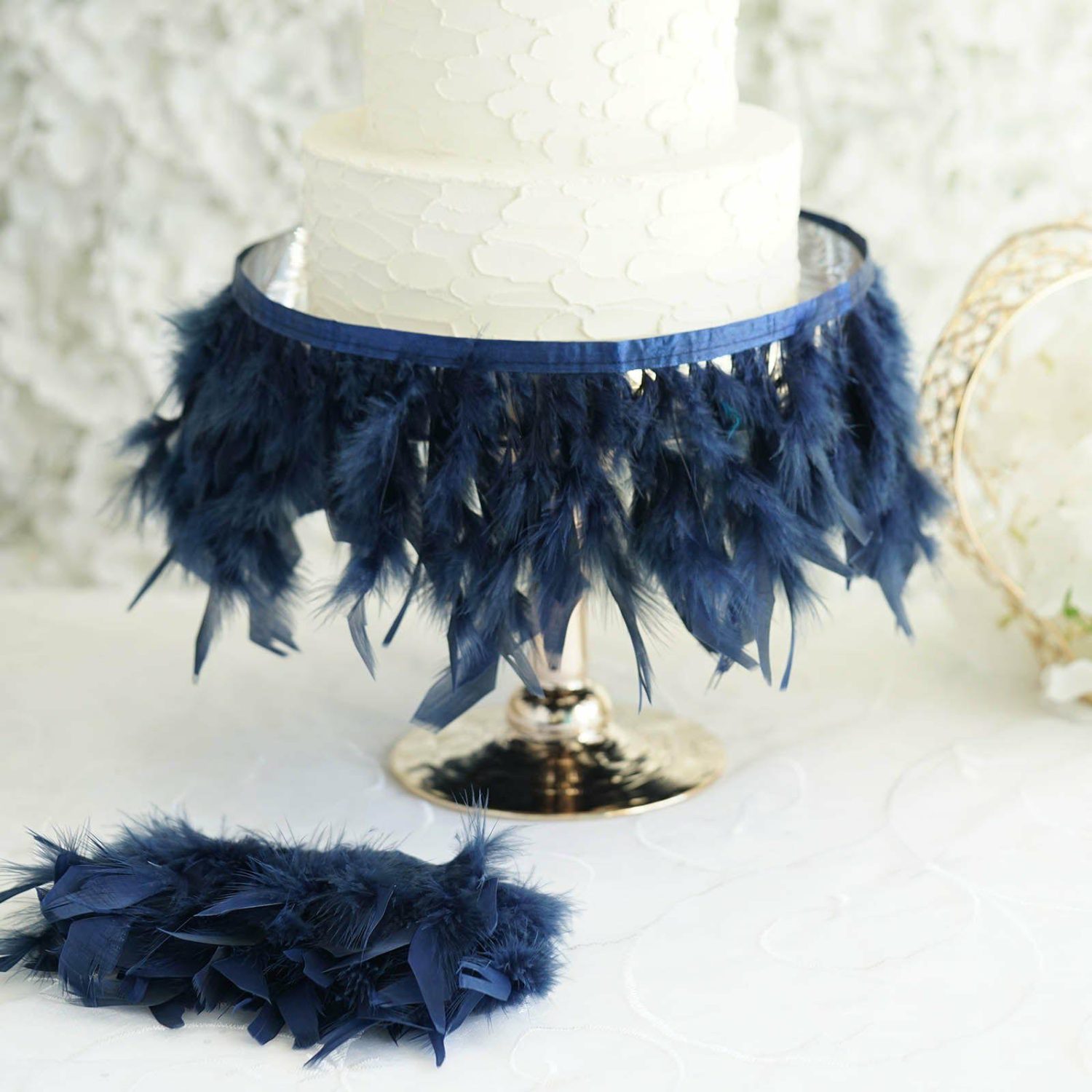 Feathers  | Navy Blue Real Turkey Feather Fringe Trim With Satin Ribbon Tape 39″ Feathers Feathers