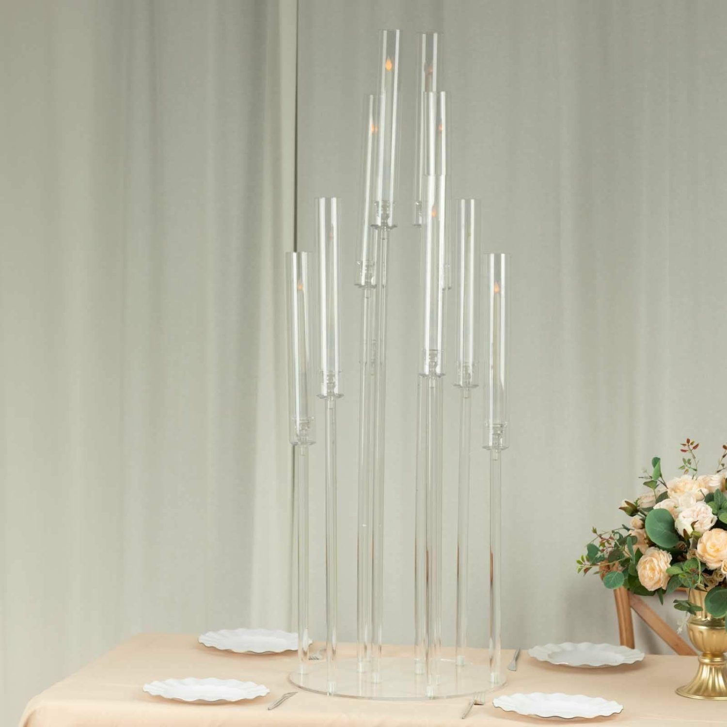 Floor Vase & Candelabra | 10 Arm Clear Acrylic Cluster Round Taper Candle Holder Candelabra, Pillar Candle Stick Stand With Circular Base – 47″ Tall Display Props Floor Vase & Candelabra