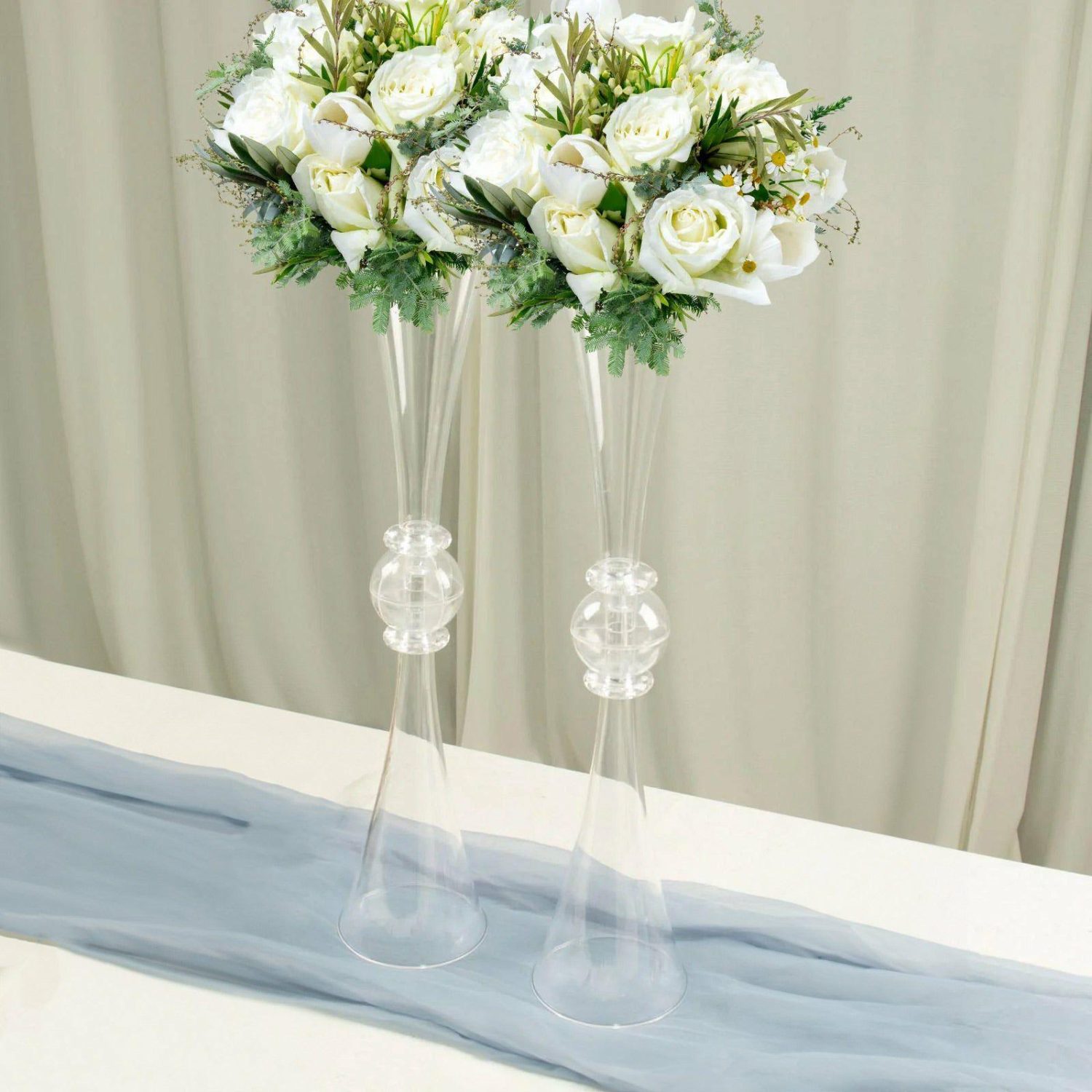 Floor Vase & Candelabra | 2 Pack Clear Crystal Embellishment Trumpet Table Centerpiece, Reversible Plastic Flower Vase 27″ Display Props Clear