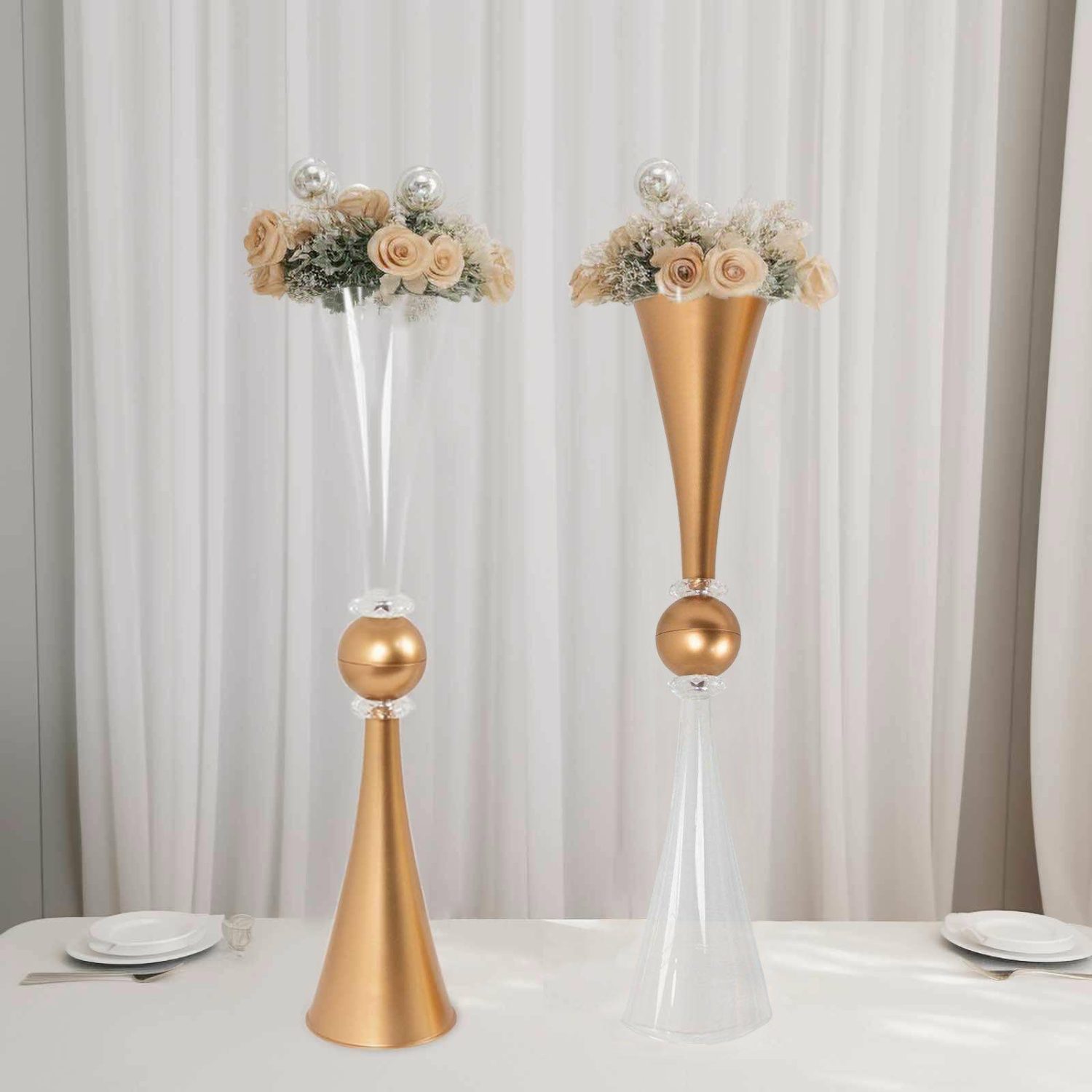 Floor Vase & Candelabra | 2 Pack Clear Gold Crystal Embellishment Trumpet Table Centerpiece, Reversible Plastic Flower Vase – 27″ Display Props Clear/Gold