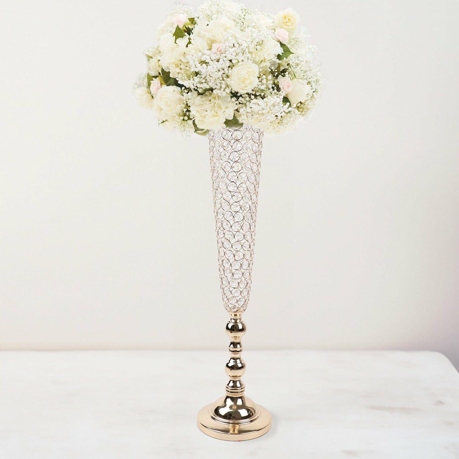 Floor Vase & Candelabra | 2 Pack Gold Crystal Beaded Trumpet Vase Set, Table Centerpiece 40″ Tall Display Props Floor Vase & Candelabra