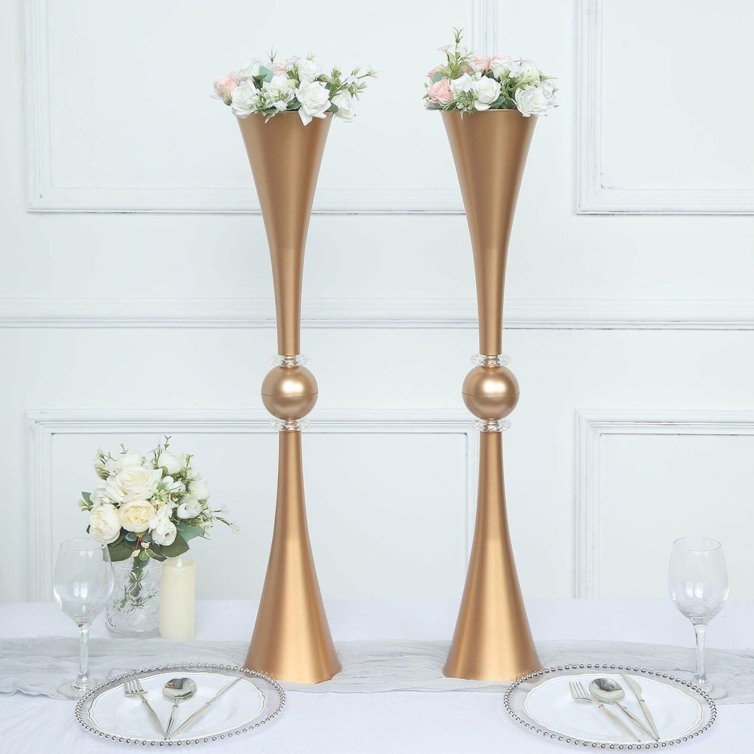 Floor Vase & Candelabra | 2 Pack Gold Crystal Embellishment Trumpet Table Centerpiece, Reversible Plastic Flower Vase 31″ Display Props Floor Vase & Candelabra