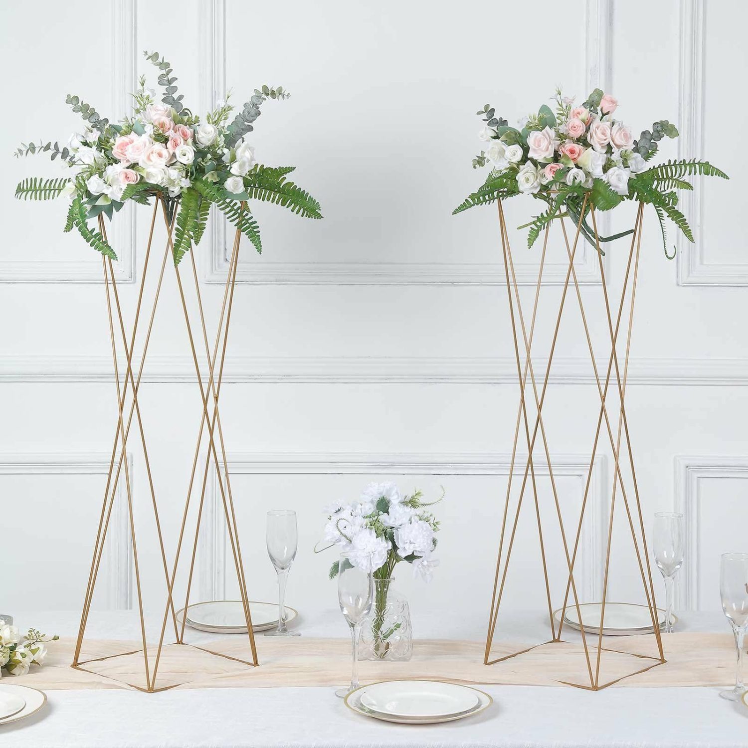 Floor Vase & Candelabra | 2 Pack Gold Geometric Crisscross Metal Frame Centerpieces, Open Column Pedestal Flower Stands 32″ Display Props Floor Vase & Candelabra