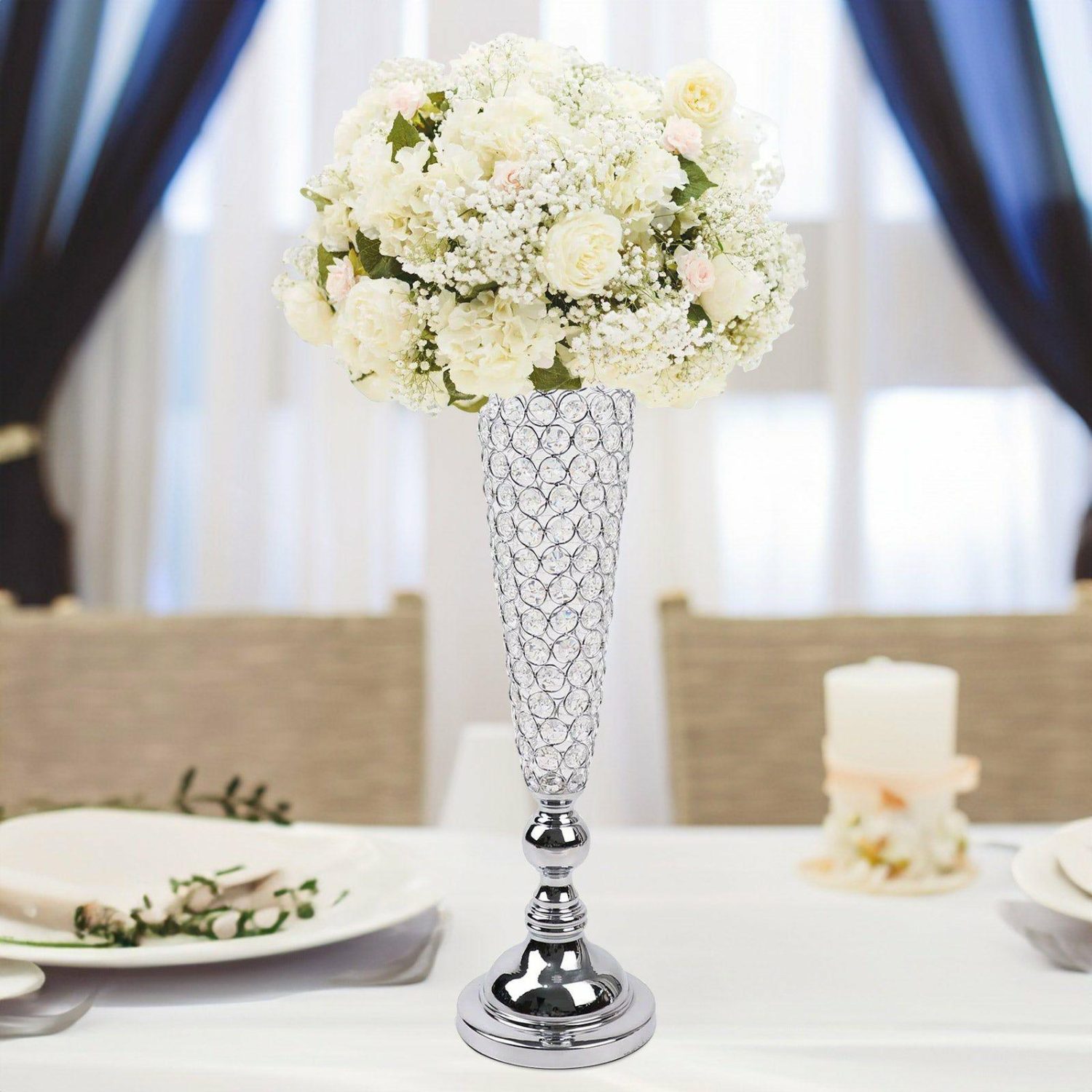 Floor Vase & Candelabra | 2 Pack Silver Crystal Beaded Trumpet Vase Set, Table Centerpiece 32″ Tall Display Props Floor Vase & Candelabra