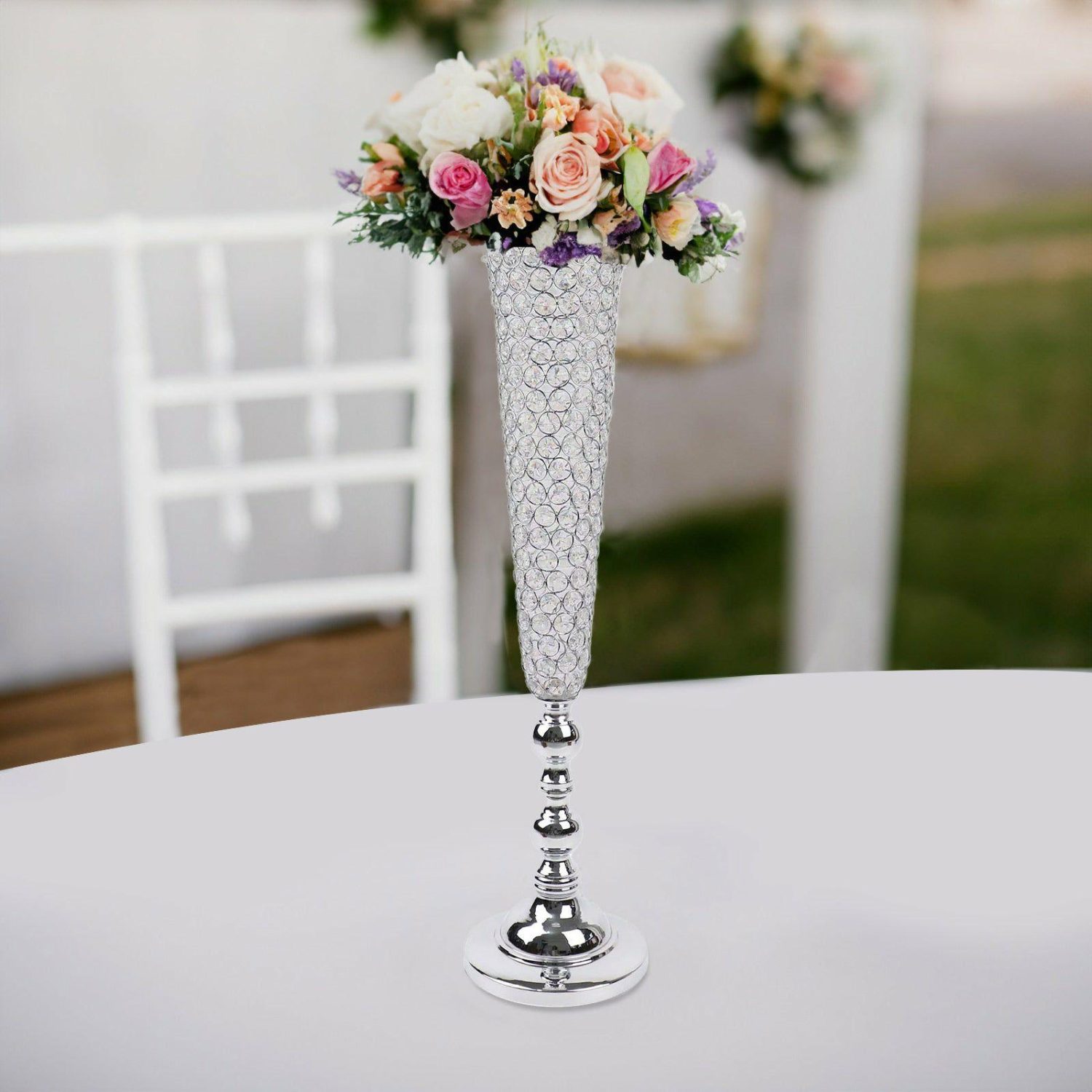 Floor Vase & Candelabra | 2 Pack Silver Crystal Beaded Trumpet Vase Set, Table Centerpiece 40″ Tall Display Props Floor Vase & Candelabra