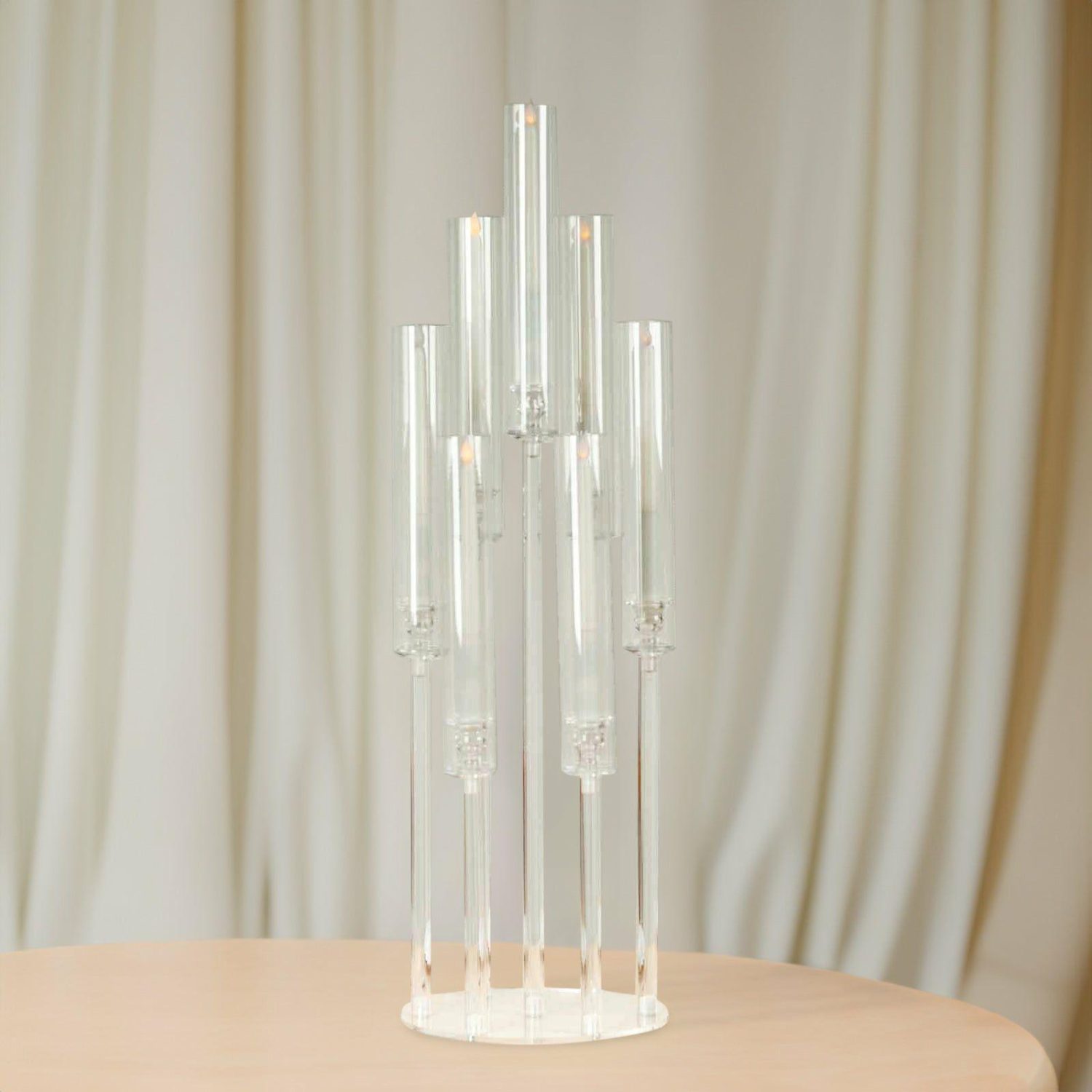 Floor Vase & Candelabra | 7 Arm Clear Acrylic Cluster Round Taper Candle Holder Candelabra, Pillar Candle Stick Stand With Circular Base – 33″ Tall Display Props Floor Vase & Candelabra