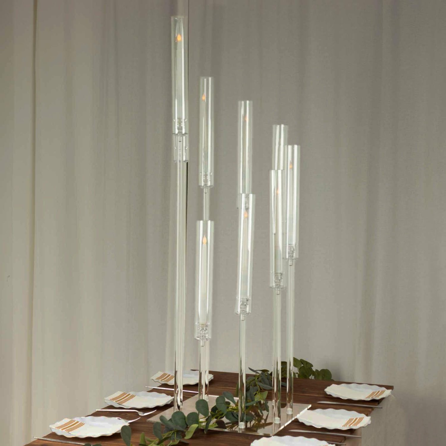 Floor Vase & Candelabra | 9 Arm Clear Acrylic Cluster Taper Candle Holder Candelabra, Pillar Candle Stick Stand With Square Base – 4ft Tall Display Props Floor Vase & Candelabra