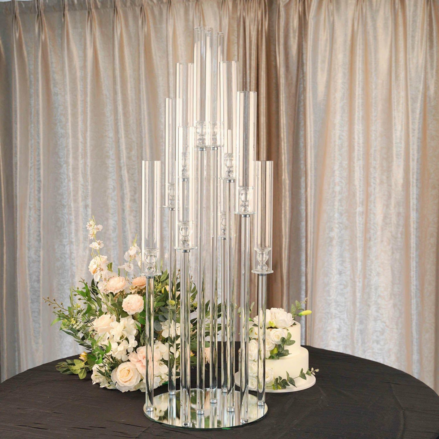 Floor Vase & Candelabra | Clear 10 Arm Crystal Cluster Round Taper Candelabra, Candle Holder For Votive, Pillar or LED Candles With Mirror Base 47″ Display Props Floor Vase & Candelabra