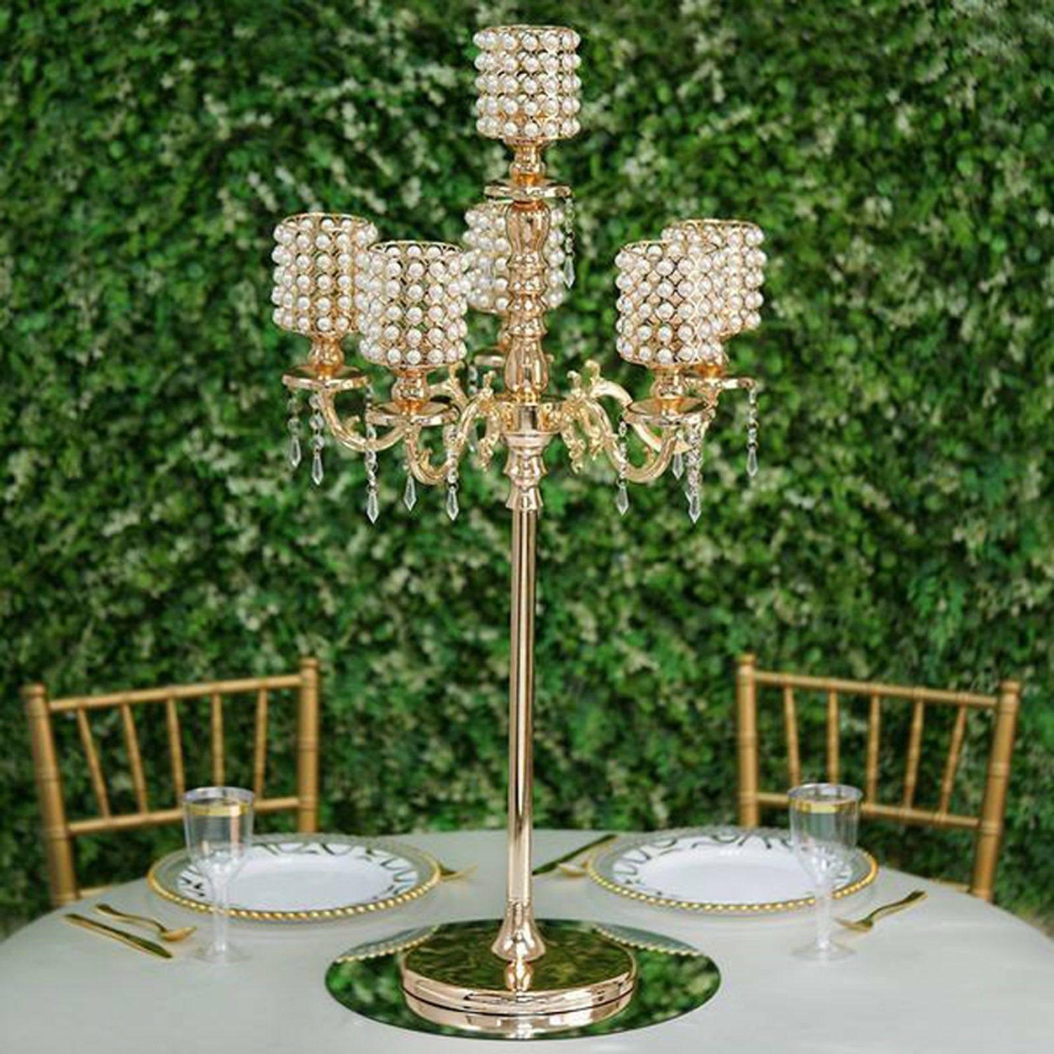 Floor Vase & Candelabra | DIY Adjustable Gold Pearl Beaded Table Floor Candelabra Centerpiece, Metal With Crystal Chandelier Pendants Display Props Floor Vase & Candelabra