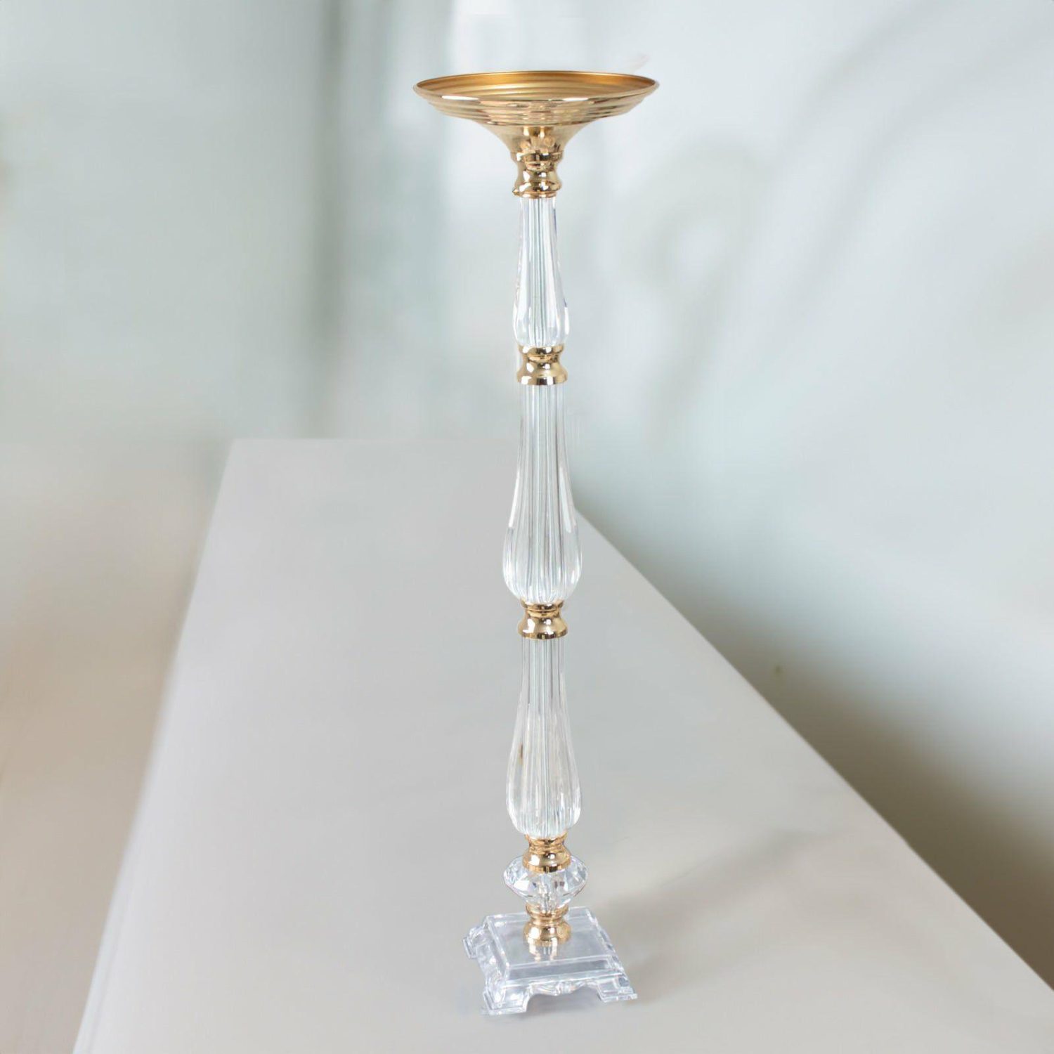 Floor Vase & Candelabra | Gold / Clear Acrylic Crystal Pillar Candle Stand Table Centerpiece, Wedding Flower Bowl Pedestal 32″ Display Props Floor Vase & Candelabra