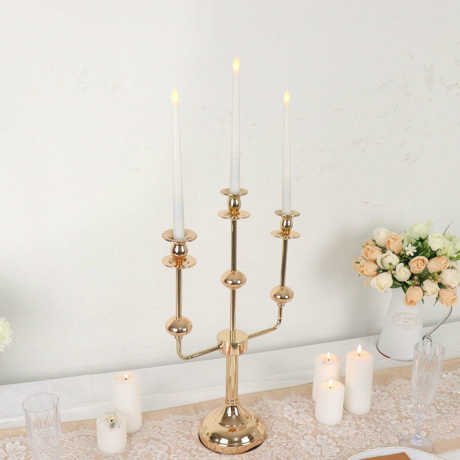 Floor Vase & Candelabra | Gold Metal 3-Arm Candle Holder Candelabra Table Centerpiece, Taper Candle Stick Stand 20″ Display Props 3 Arms