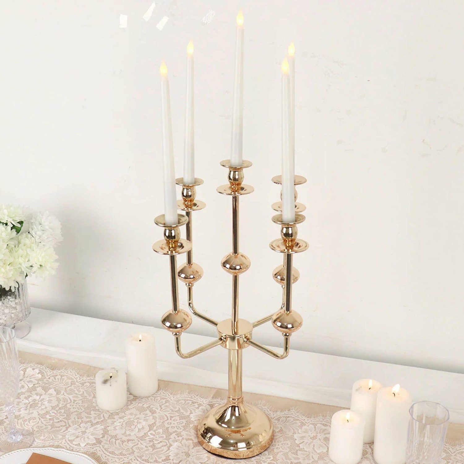 Floor Vase & Candelabra | Gold Metal 5-Arm Candle Holder Candelabra Table Centerpiece, Taper Candle Stick Stand 20″ Display Props 5 Arms