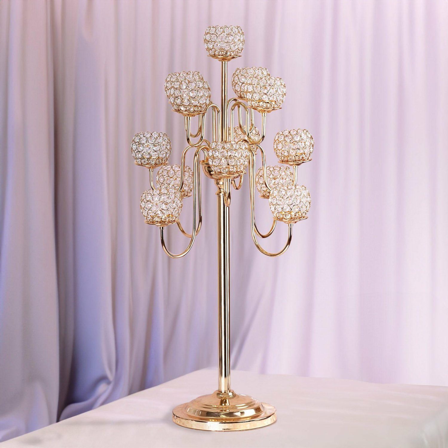 Floor Vase & Candelabra | Gold Metal Crystal Beaded Candelabra Candle Holders, Goblet Votive Candle Holders 40″ Tall 13 Arm Display Props Floor Vase & Candelabra