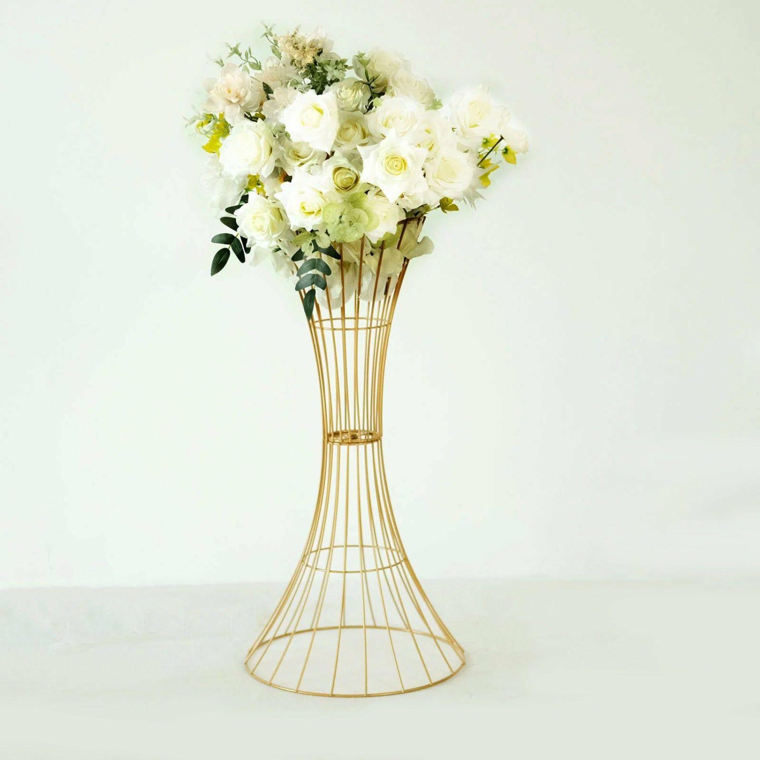 Floor Vase & Candelabra | Gold Metal Wire Trumpet Shaped Flower Centerpiece Stand, Hourglass Open Frame Reversible Pedestal Prop 24″ Tall Display Props Floor Vase & Candelabra