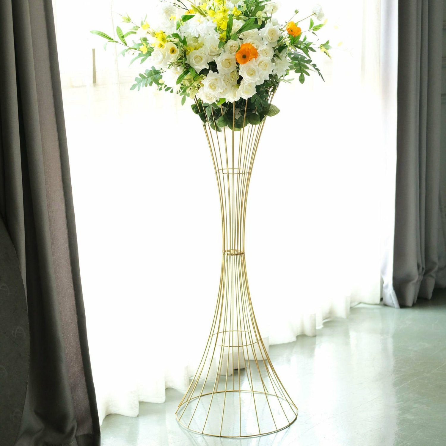 Floor Vase & Candelabra | Gold Metal Wire Trumpet Shaped Flower Centerpiece Stand, Hourglass Open Frame Reversible Pedestal Prop 48″ Tall Display Props Floor Vase & Candelabra