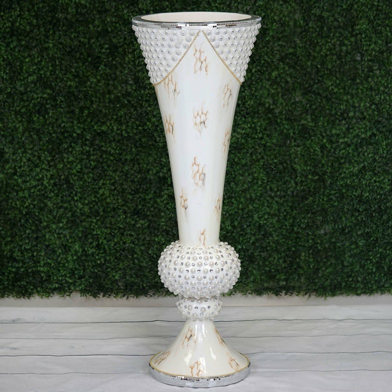 Floor Vase & Candelabra | Large Pearls Embellished White Trumpet Vase With Mirror Mosaic Decoration 43″ Display Props Floor Vase & Candelabra